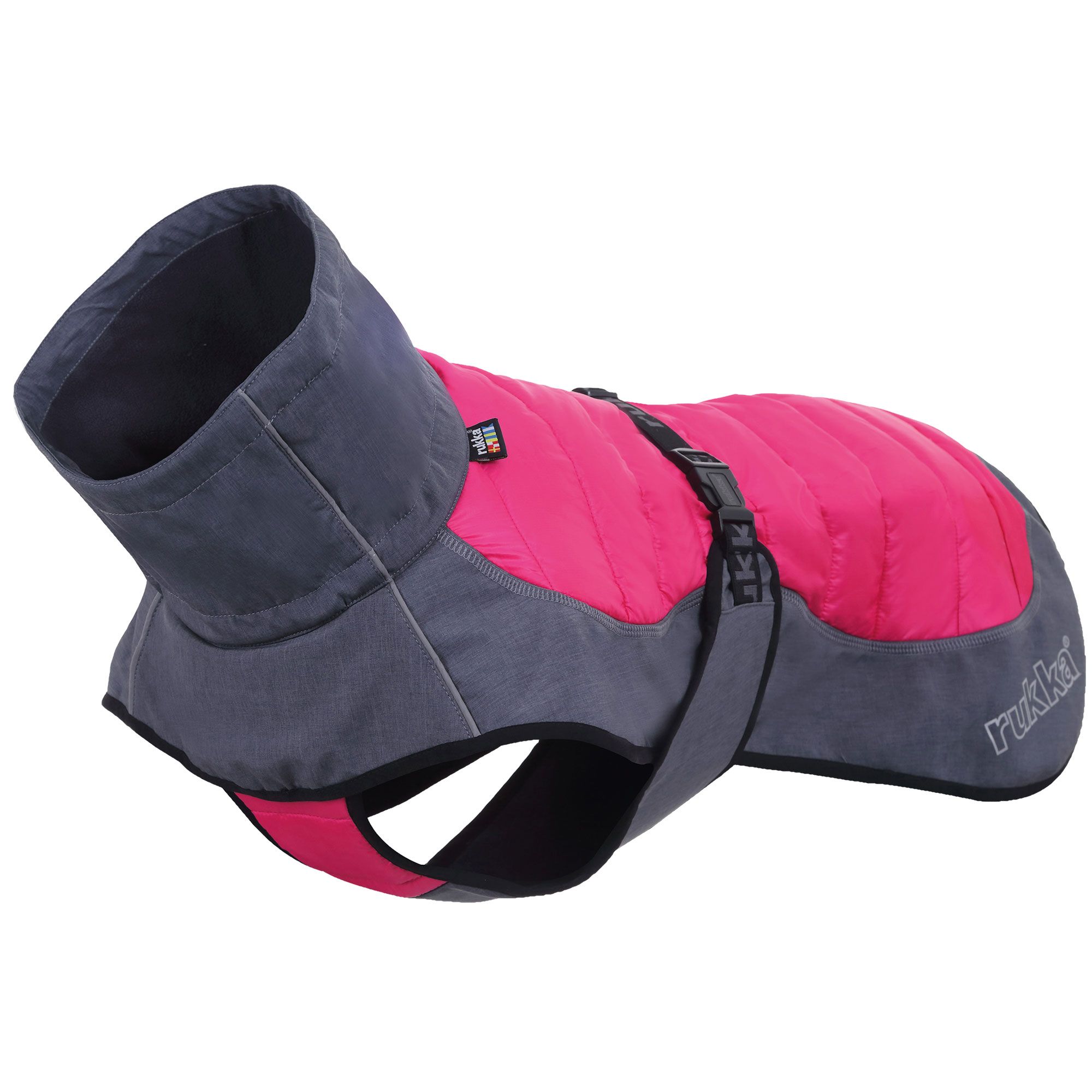 Hunde Winterjacke, pink und grau. Steppdesign, Kragen, verstellbare Gurte. Rukka-Logo.