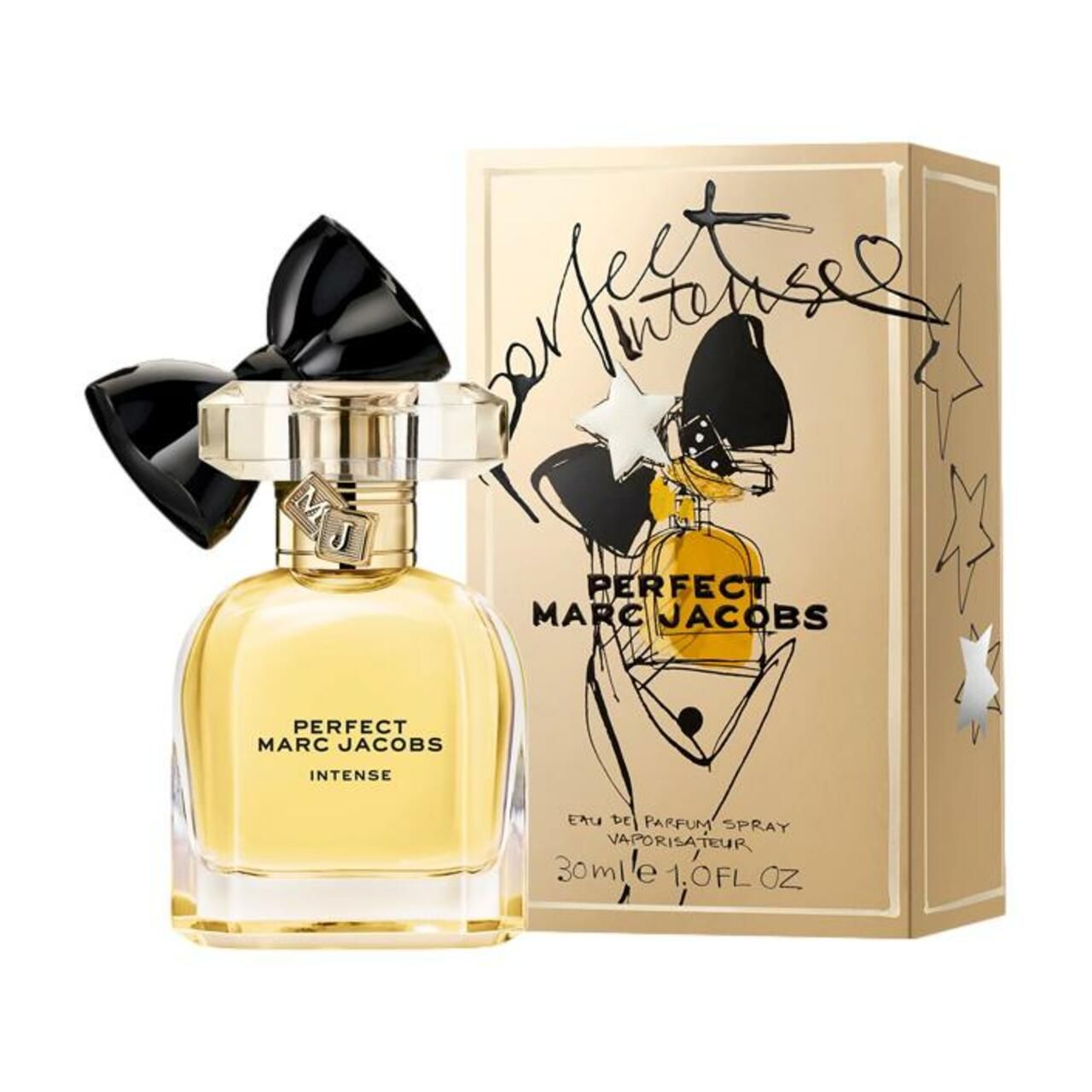 Parfümflakon und Verpackung. Aufschrift: Perfect Marc Jacobs Intense. Goldfarbene Flüssigkeit im Glasflakon. Verpackung mit Sternen.