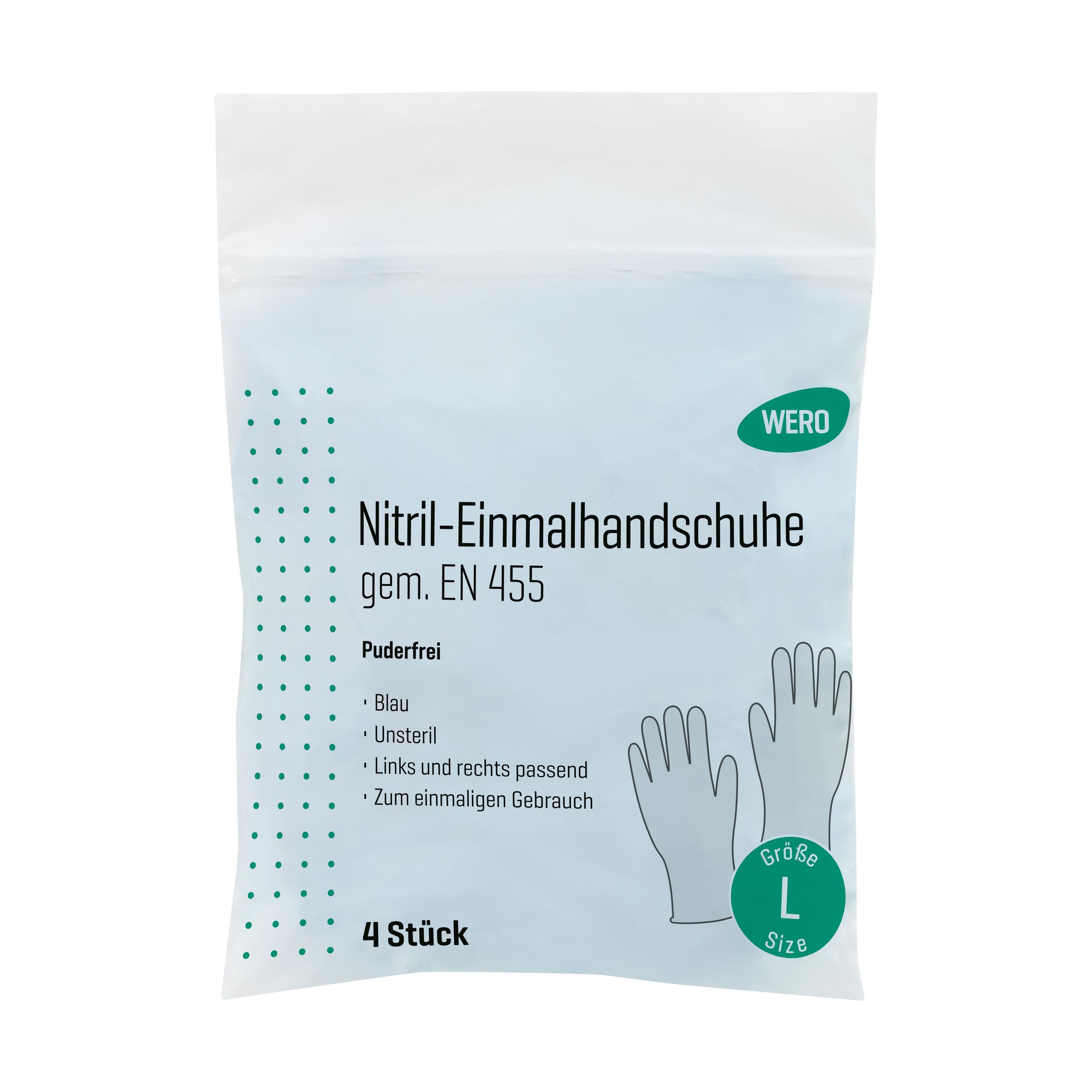 Verpackung mit blauen Nitril-Einmalhandschuhen. Marke WERO, Größe L. Text: Nitril-Einmalhandschuhe gem. EN 455, puderfrei, unsteril, 4 Stück.