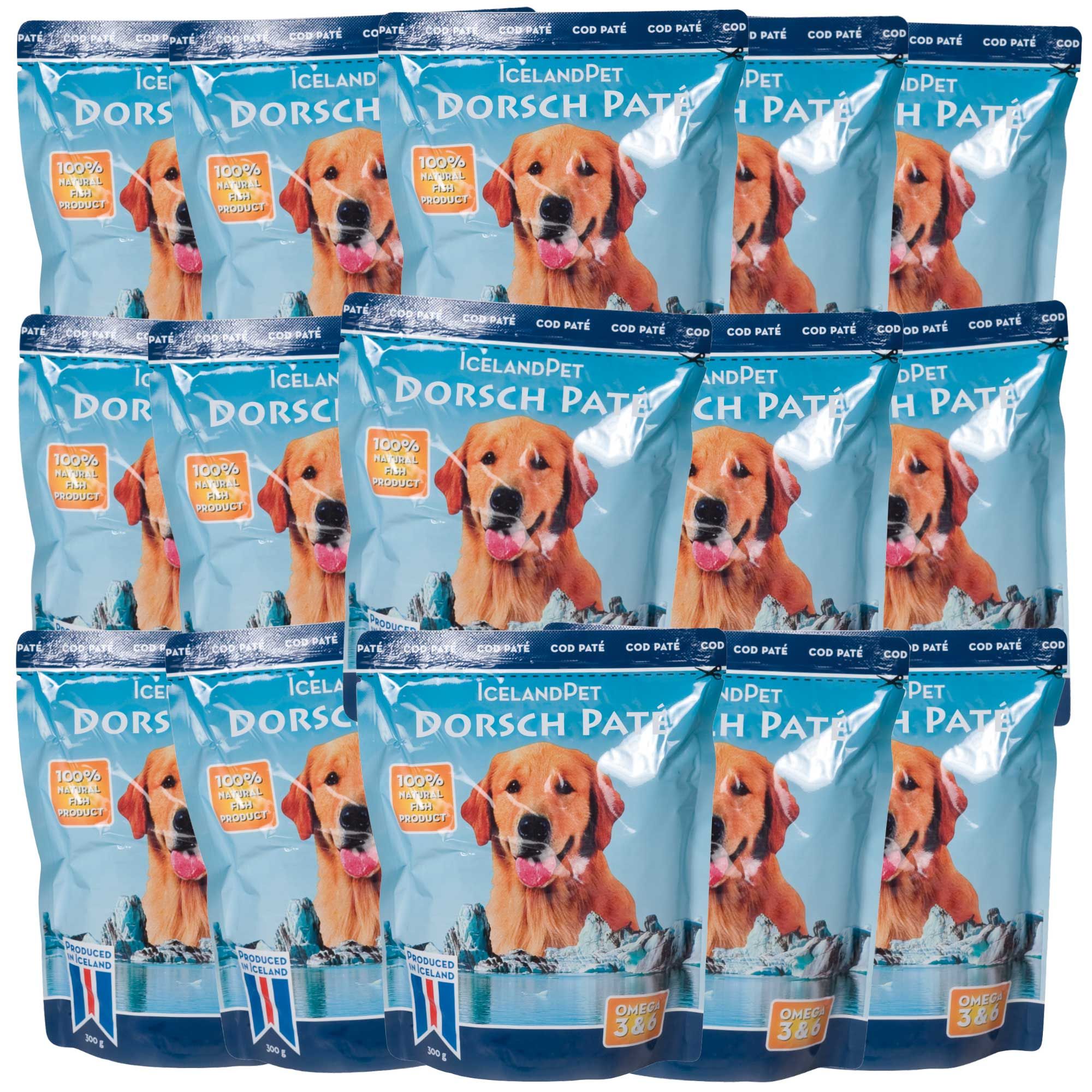 Mehrere Beutel Hundefutter. Aufdruck: ICELAND DORSCH PATÉ, 100% Naturprodukt. Abbildung eines Hundes. Verpackung in Blau und Weiß.