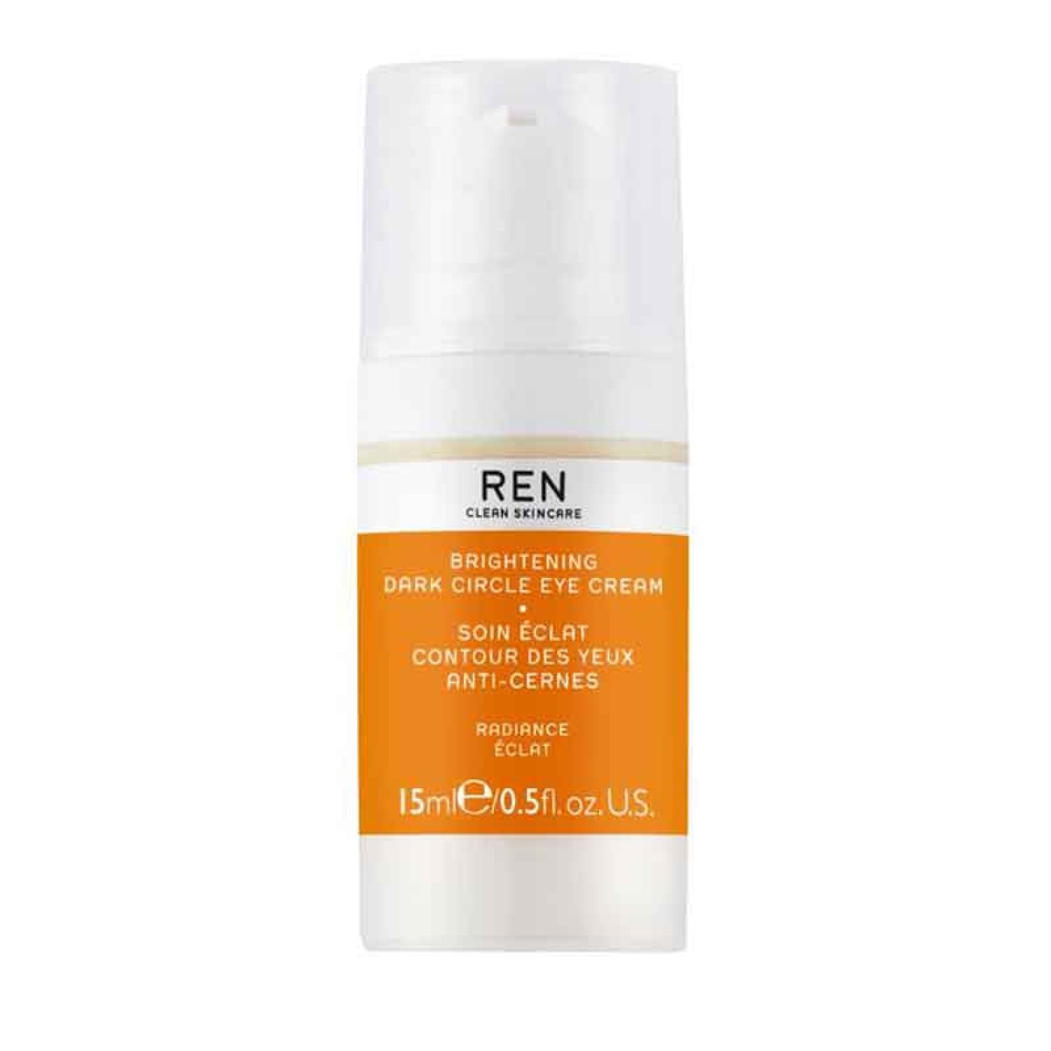 Weiß-orangefarbene Flasche. Aufschrift: REN CLEAN SKINCARE, Brightening Dark Circle Eye Cream, 15ml/0.5fl.oz.US.