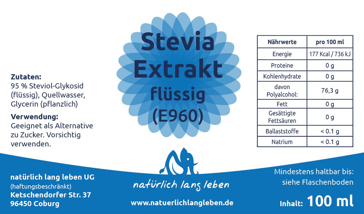 Etikett mit Informationen zu Stevia Extrakt flüssig. Enthält Nährwertangaben, Zutaten und Herstellerinformationen.