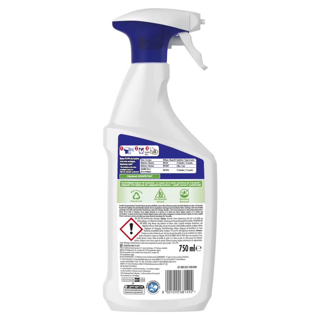 Rückseite einer Reinigerflasche. Aufschrift: 750 ml. Verschiedene Symbole und Texte. Warnhinweis. Recycling-Symbole.