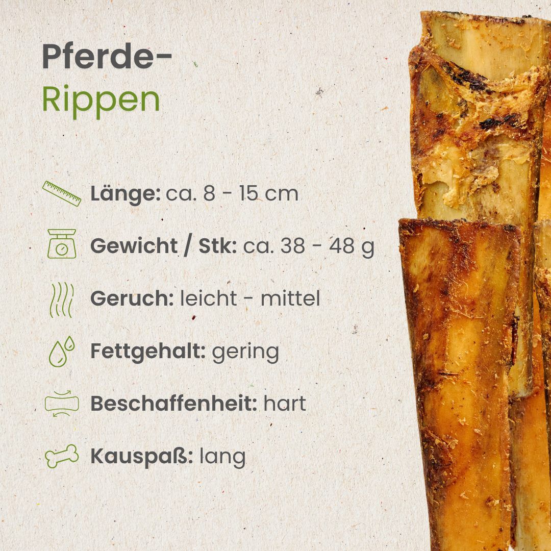 Pferde-Rippen-Kauartikel mit Produktinformationen: Länge 8-15cm, Gewicht 38-48g, geringer Fettgehalt, hart.