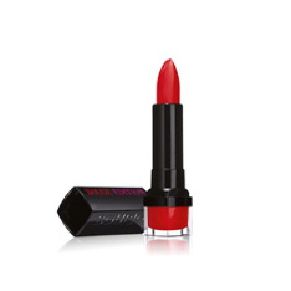 Roter Bourjois Lippenstift, geöffnet. Schwarzer Stift, roter Lippenstift. Deckel daneben. "DARK EDITION" auf dem Deckel.