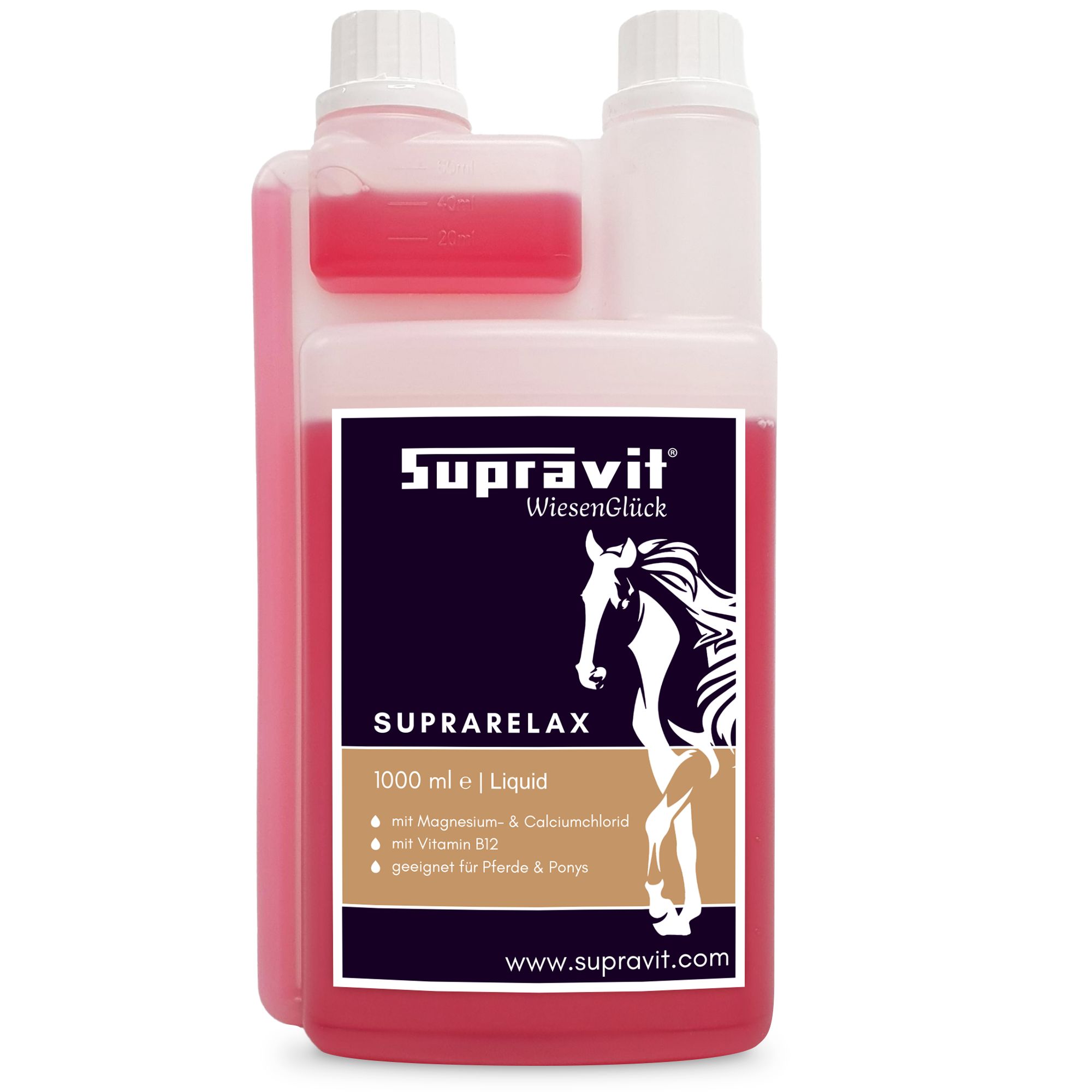 Flasche Supravit SupraRelax, Flüssigmagnesium mit B12. Aufschrift: 1000 ml e Liquid. Mit Magnesium & Calciumchlorid, Vitamin B12.