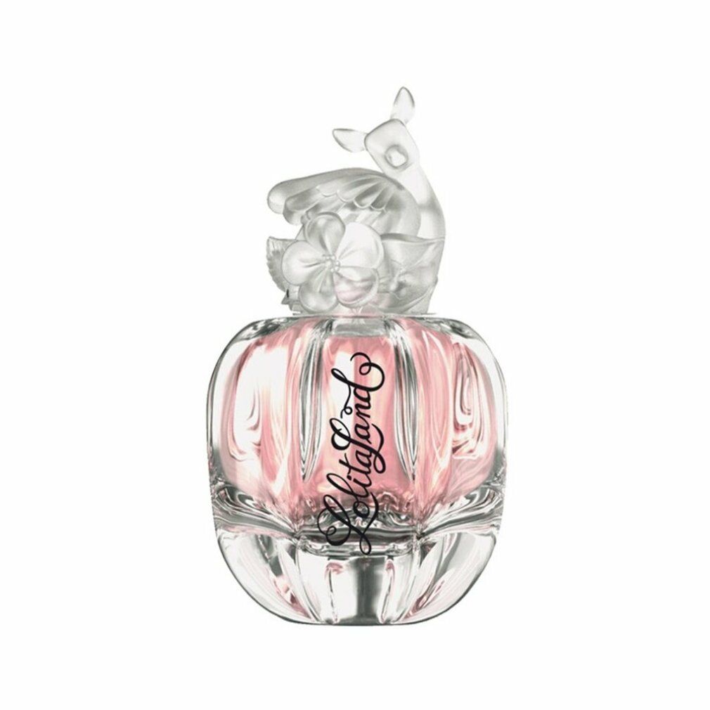 Parfümflakon mit rosa Flüssigkeit. Klarglas-Design mit Reh-Kopf-Verschluss. Schriftzug "Lolitaland".
