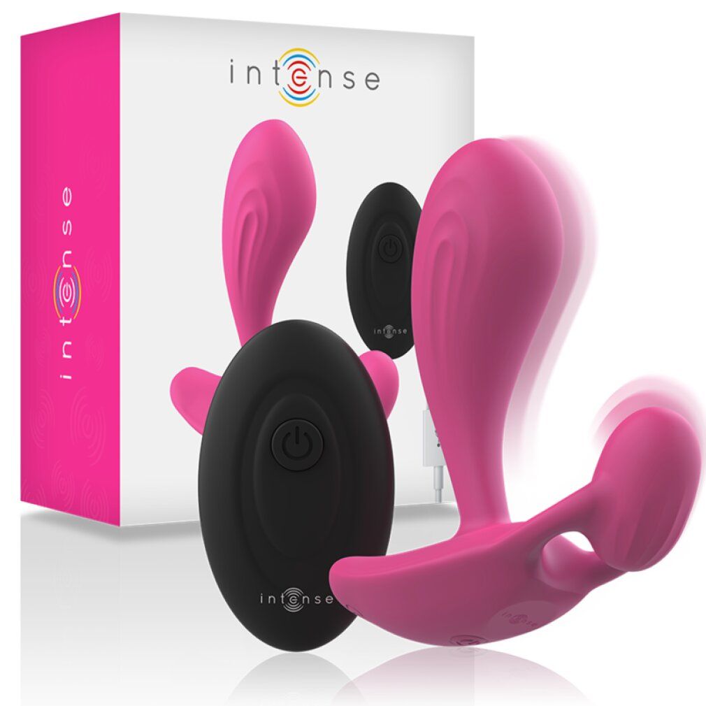 Rosa Vibrator mit schwarzer Fernbedienung und Verpackung. Marke: Intense. Auf der Verpackung steht Intense.