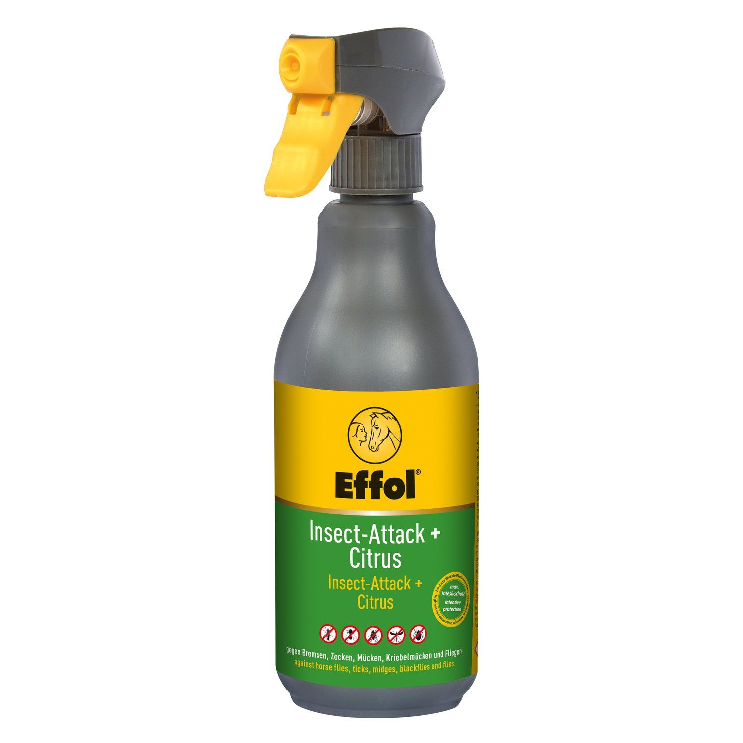 Graue Sprühflasche mit gelbem Sprühkopf. Aufkleber mit "Effol", "Insect-Attack + Citrus" und einem Pferdekopf-Logo.