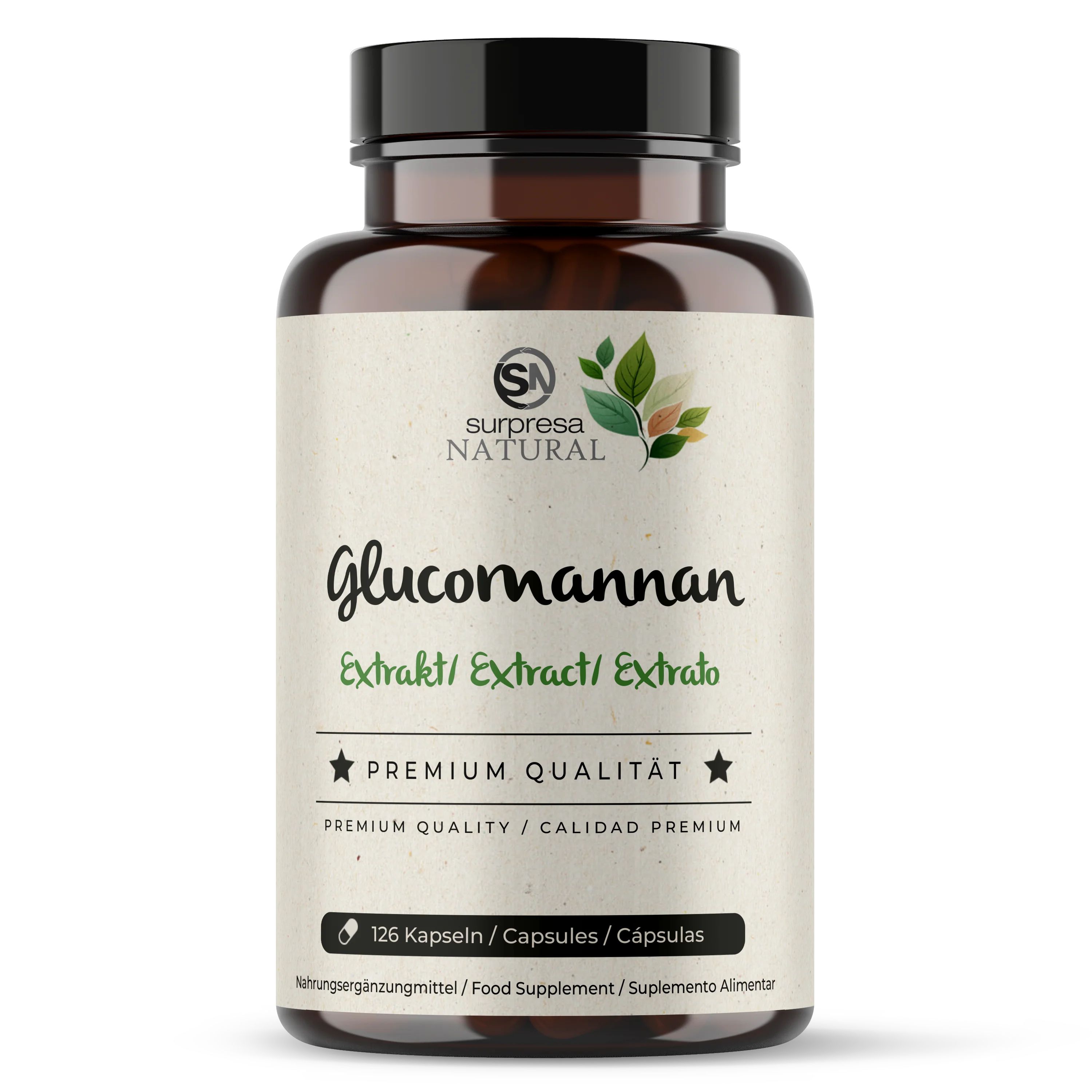 Braune Flasche mit schwarzem Deckel. Etikett mit "Surpresa Natural" und "Glucomannan". Text in Deutsch, Englisch, Spanisch. 126 Kapseln.