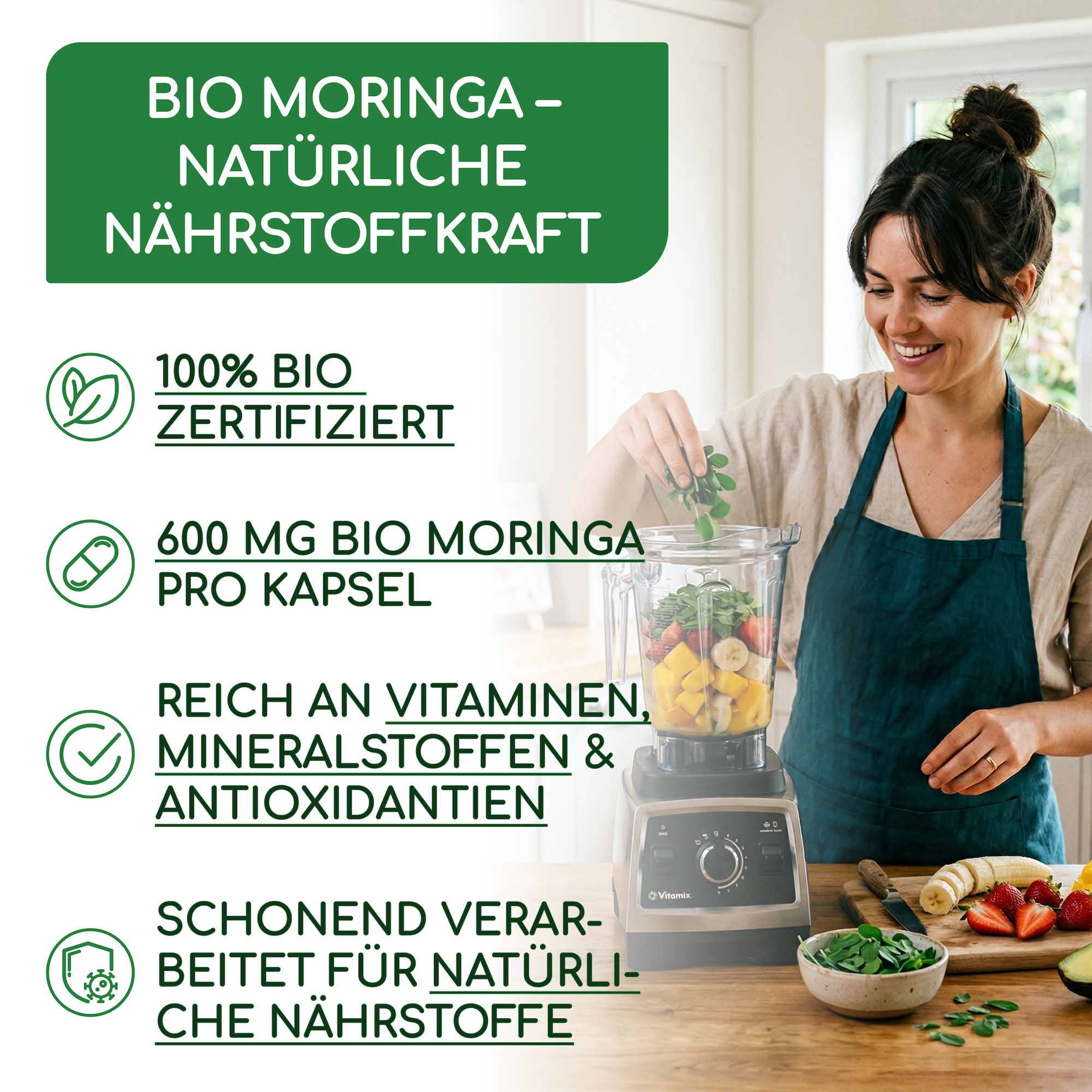 RAIBU - Bio Moringa Kapseln hochdosiert 2400 mg - vegane, laborgeprüft, glutenfrei & laktosefrei