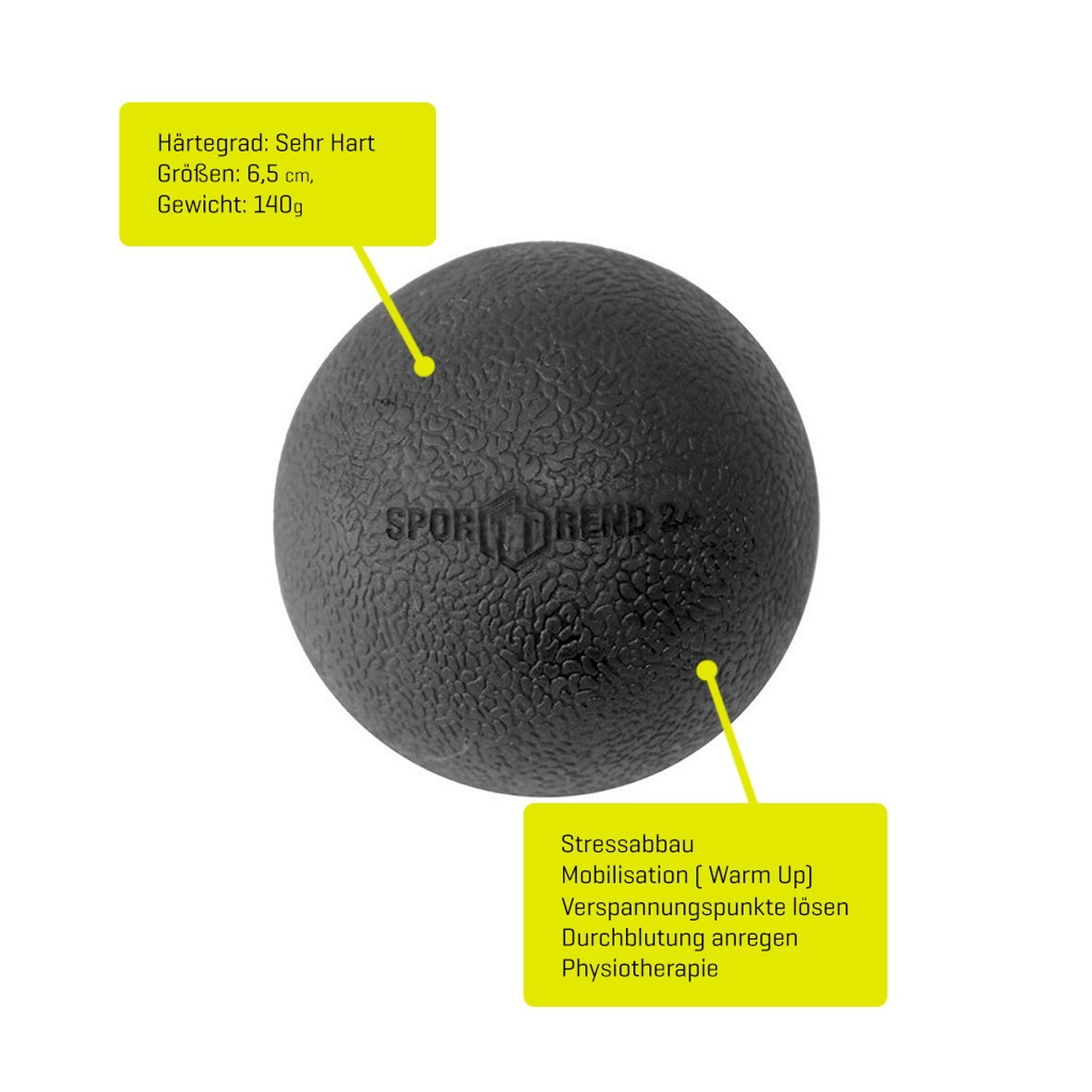 Schwarzer Massageball mit Logo Sporttrend 24. Härtegrad: Sehr hart. Größe: 6,5 cm.