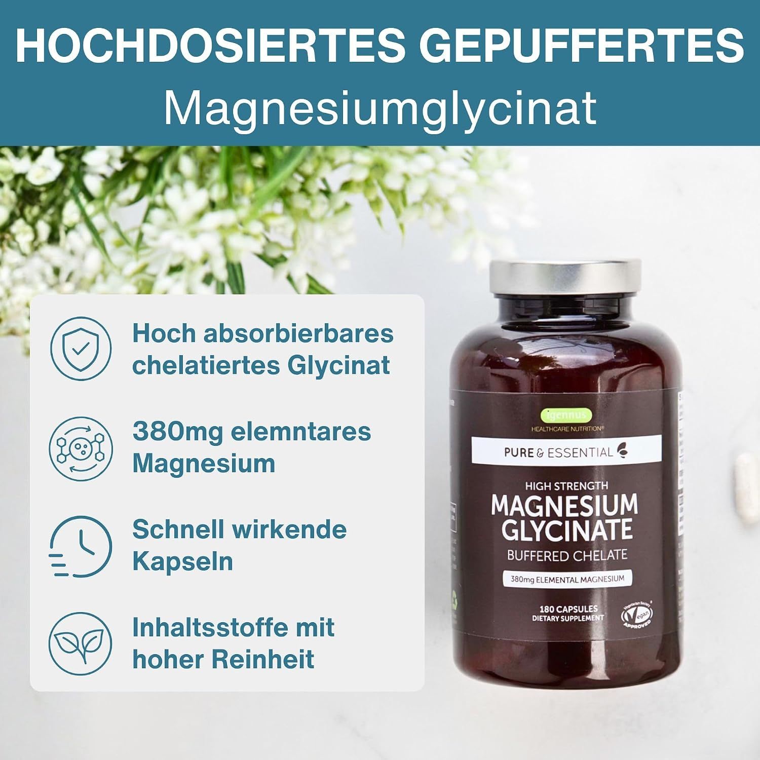 Flasche mit Magnesiumglycinat-Kapseln. "Hochdosiertes gepuffertes Magnesiumglycinat".