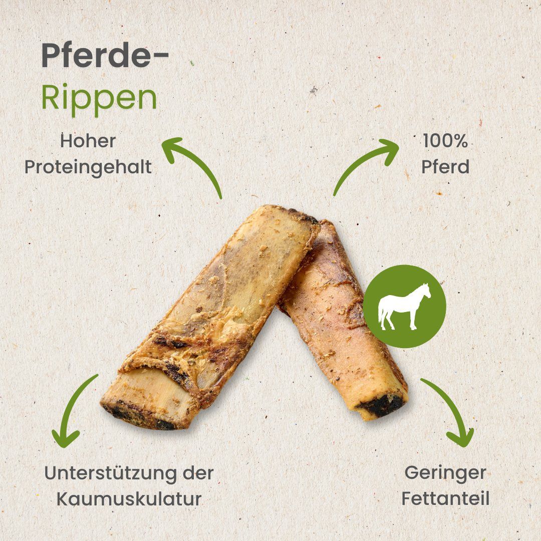 Zwei Pferde-Rippen-Kauartikel: hoher Proteingehalt, 100% Pferd, Unterstützung der Kaumuskulatur, geringer Fettanteil.