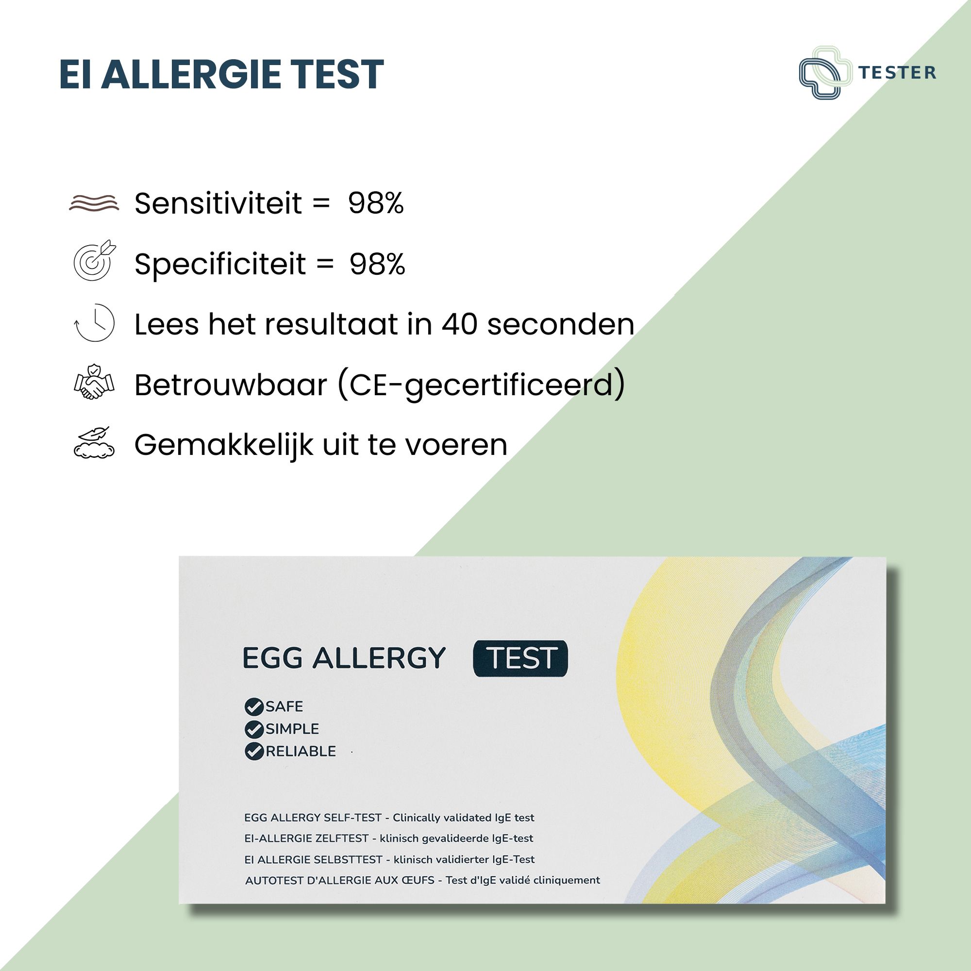Ei-Allergie-Test. Text: Sensitivität = 98%, Spezifität = 98%. Ergebnis in 40 Sekunden. Zuverlässig (CE-zertifiziert). Einfach durchzuführen. Verpackung.