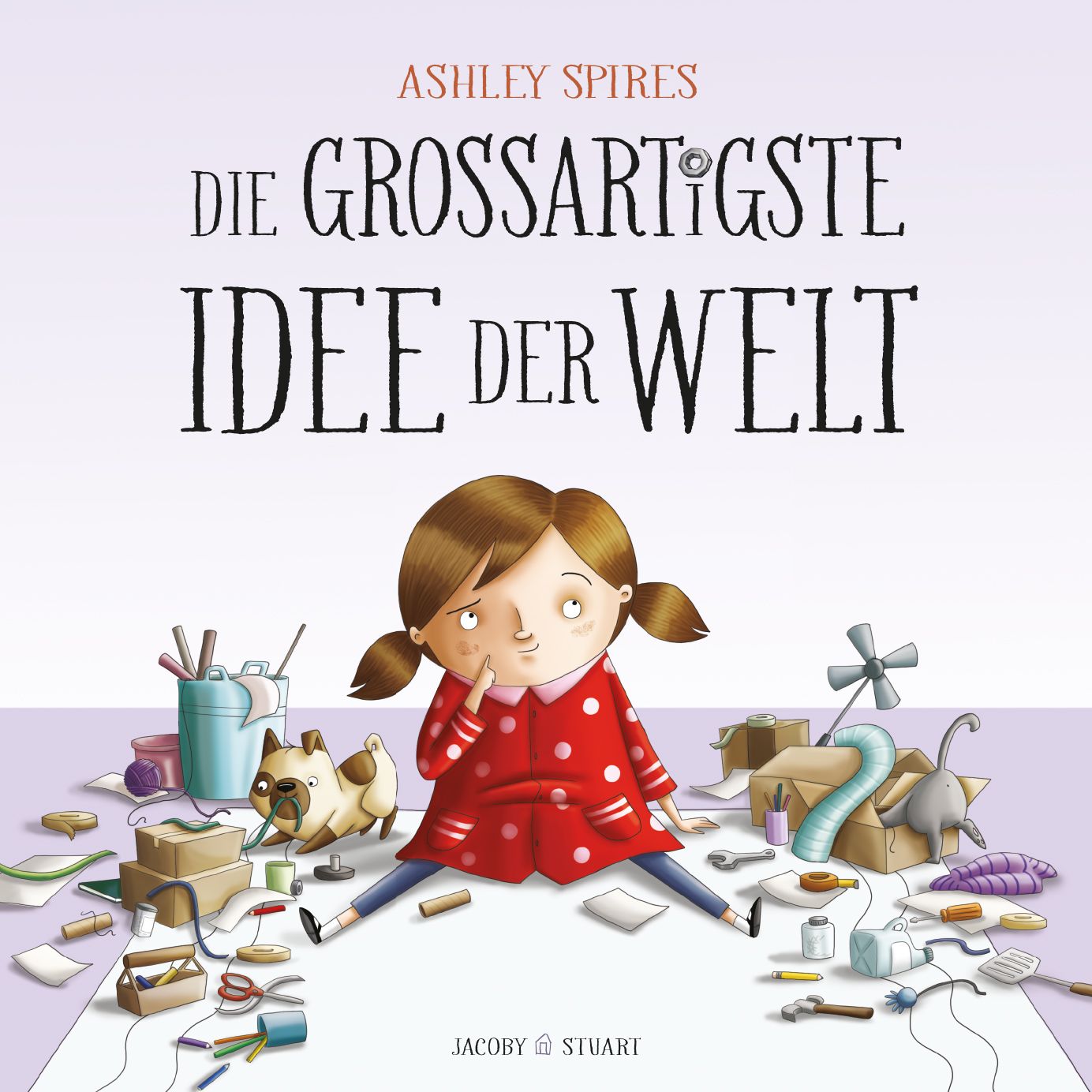 Buchcover. Titel: Die großartigste Idee der Welt. Autor: Ashley Spires. Kind mit rotem Kleid und Punkten, umgeben von Gegenständen.
