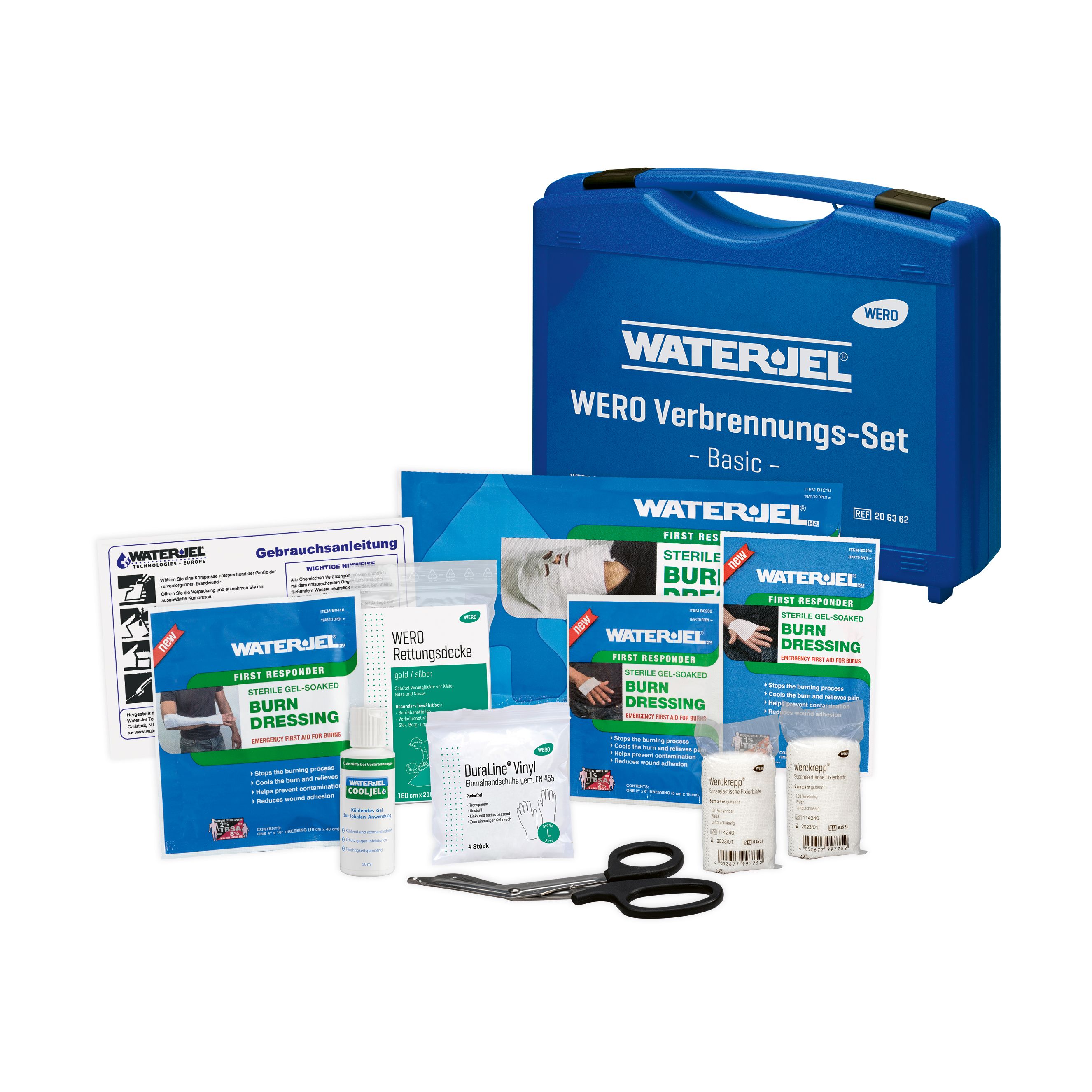 WERO Verbrennungs-Set Basic im Koffer. Enthält Verbandsmaterial, Schere, Sprayflasche und Anleitungen. Blaue Verpackung mit weißer Schrift.