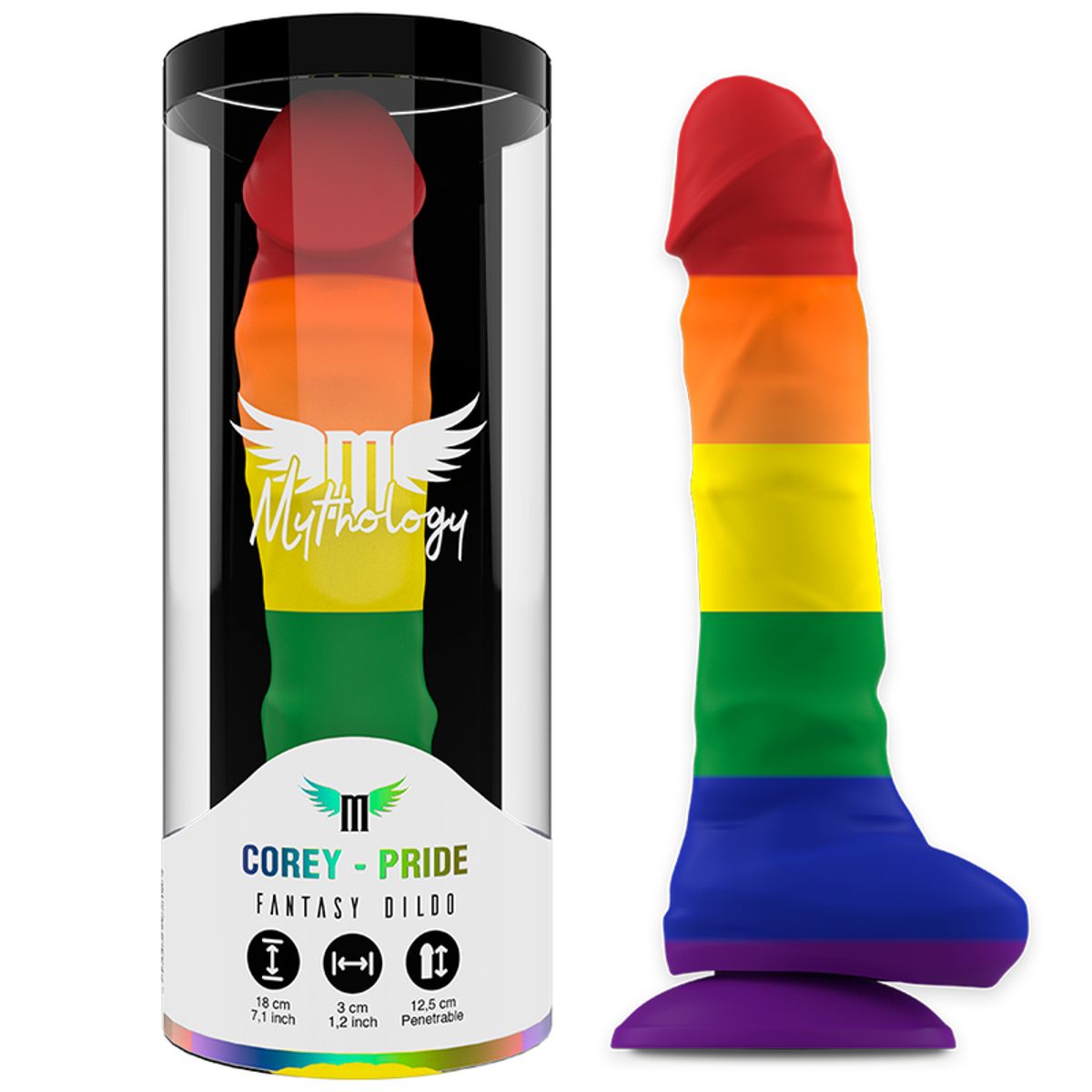 Regenbogenfarbiger Dildo mit Saugnapf in transparenter Verpackung. Aufschrift: Corey - Pride, Mythology.