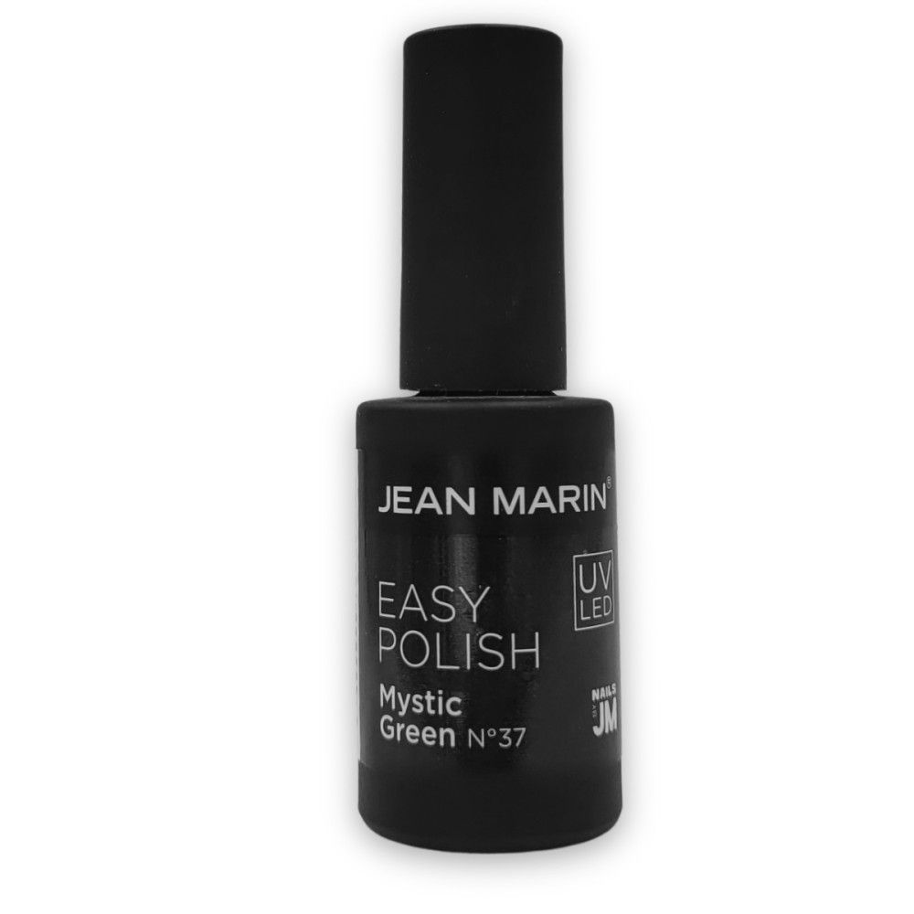 Schwarze Nagellackflasche mit schwarzem Deckel. Aufschrift: JEAN MARIN, EASY POLISH, Mystic Green N°37. UV/LED-Logo.