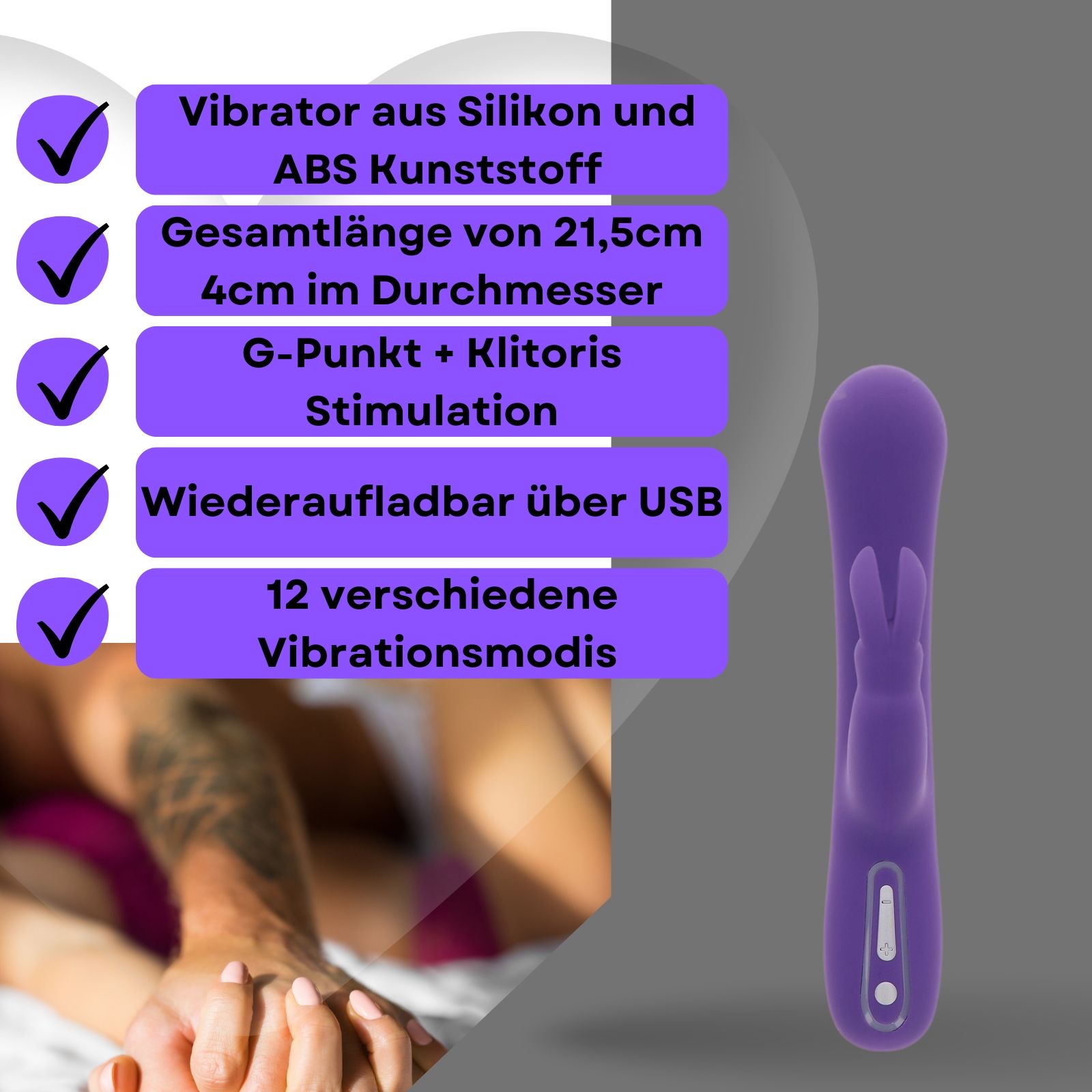 Paarse vibrator met gebogen vorm en konijnenoren. Tekst: siliconen, ABS, 21,5cm, G-spot + clitoris, USB, 12 standen.