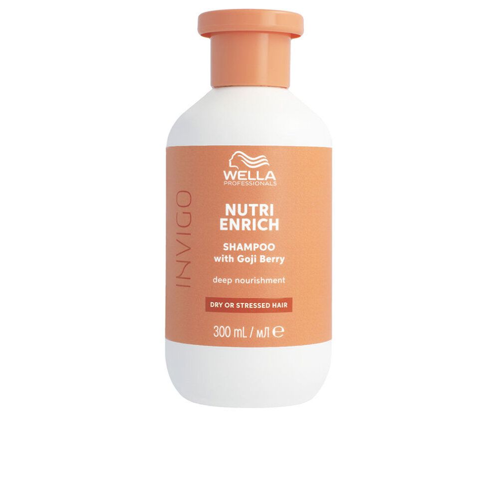 Weiße Flasche mit orangefarbenem Deckel. Aufschrift: Invigo, Nutri Enrich Shampoo mit Goji-Beere. Für trockenes oder strapaziertes Haar.