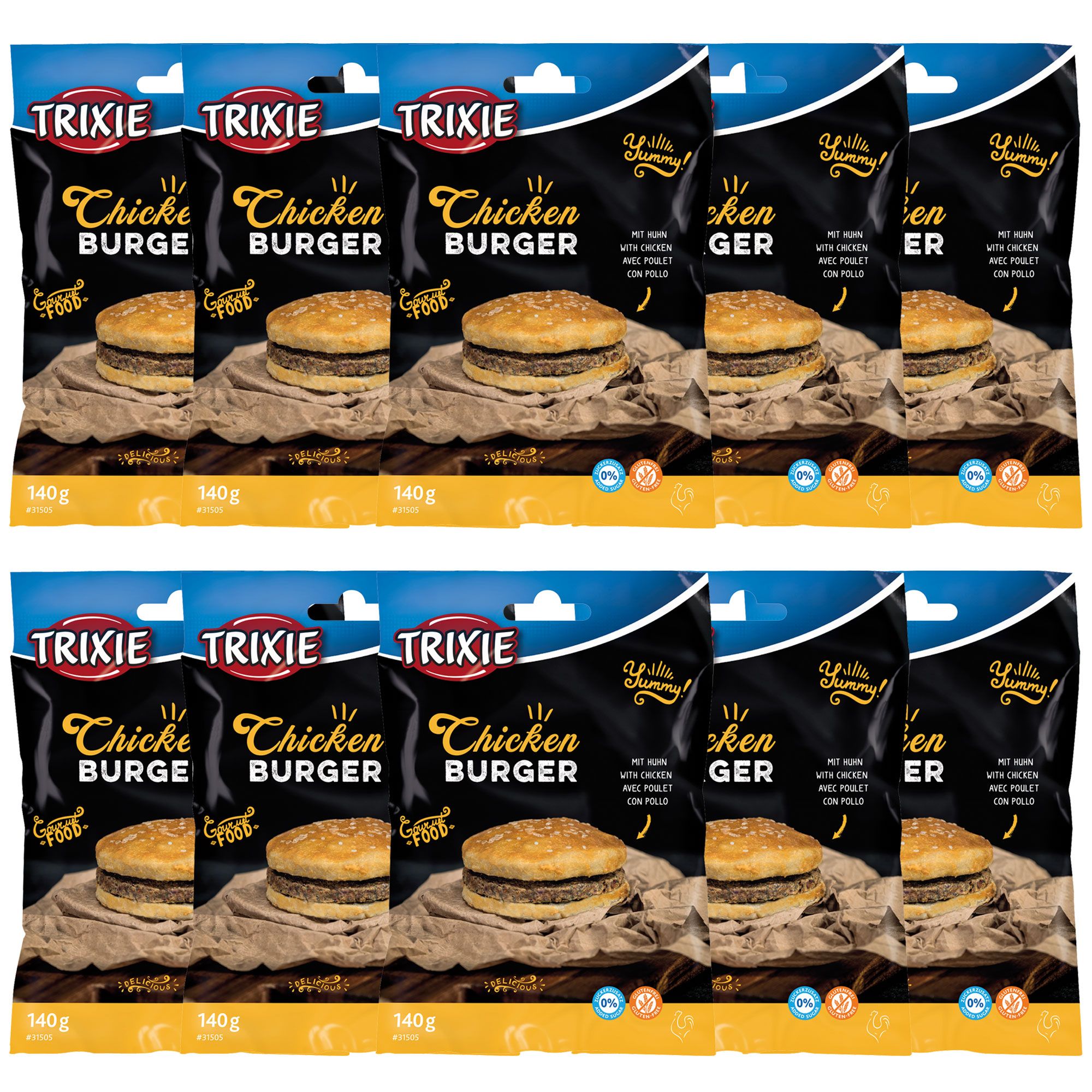 Mehrere Packungen Hunde-Burger. Aufdruck: TRIXIE, Chicken Burger, mit Huhn. Burger abgebildet.
