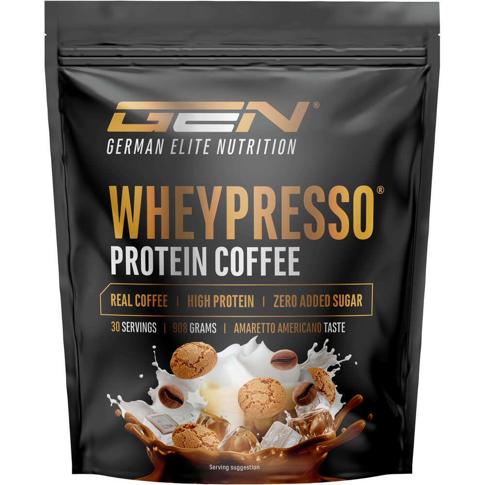 Schwarze Produktverpackung von GEN Wheypresso Protein Coffee. Produktname, 30 Portionen, 908 Gramm, Amaretto Americano Taste.