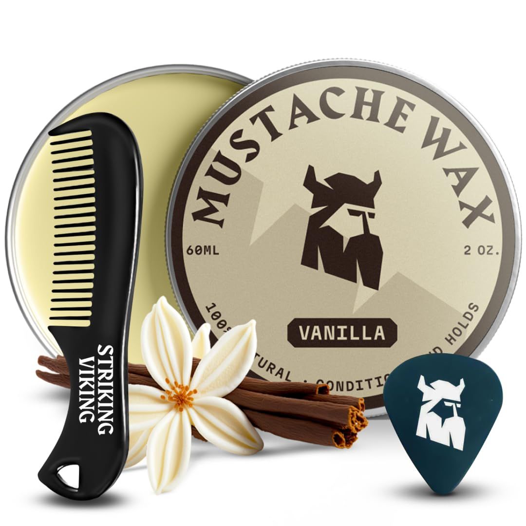 Bartwachs-Dose und Kamm. Dose mit Aufschrift "Mustache Wax Vanilla". Schwarzer Kamm mit "Striking Viking" Schriftzug. Zubehör: Pick.