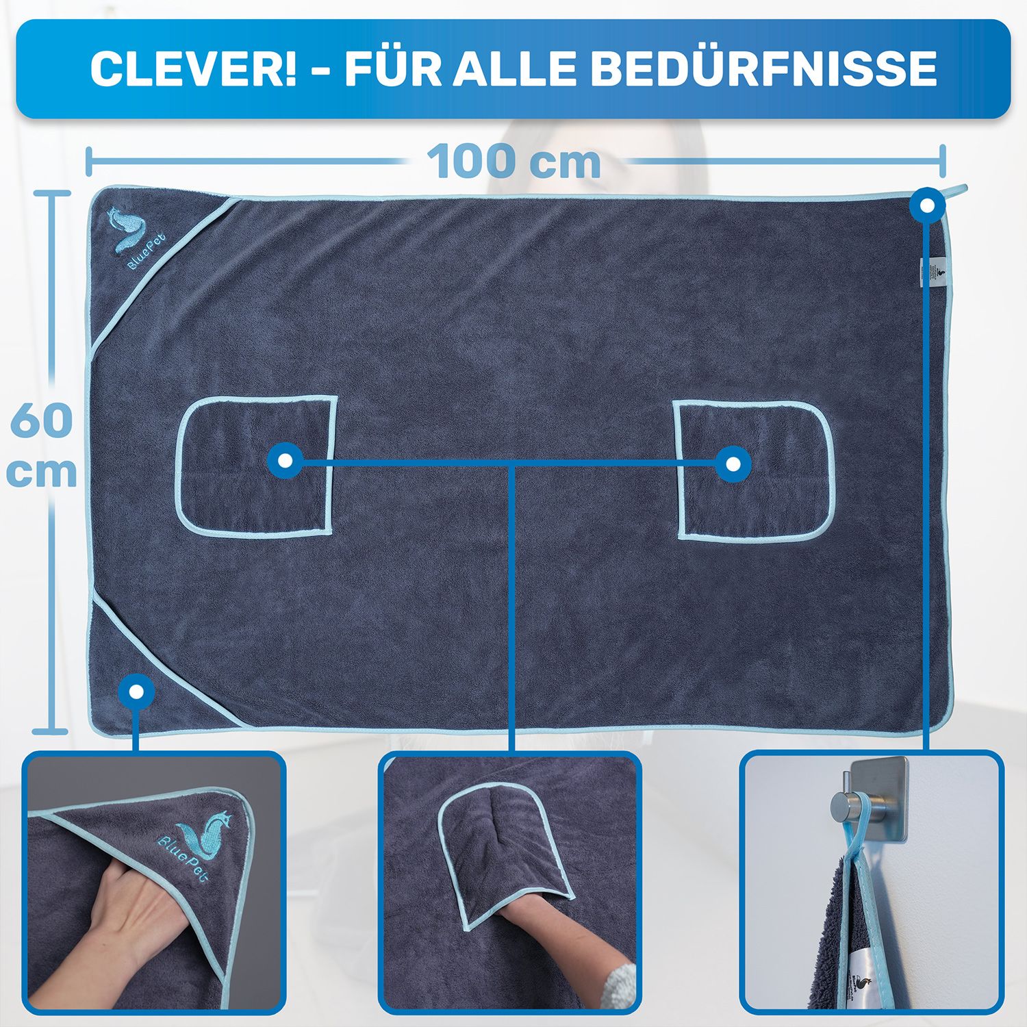 Graues Hundehandtuch mit blauer Einfassung. Maße: 100x60cm. Zwei Taschen. Logo: BluePet. Haken zum Aufhängen.