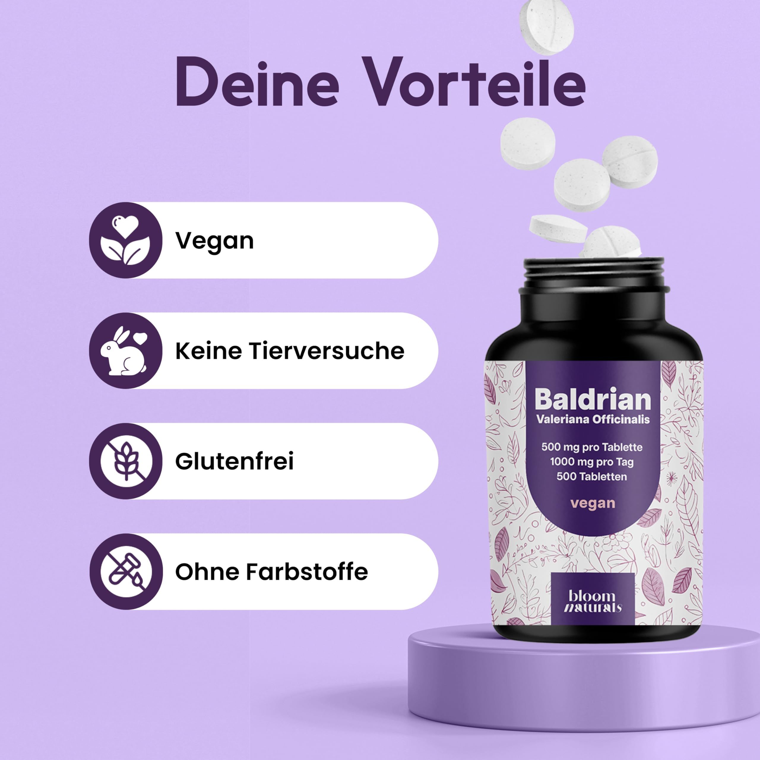 Flasche mit Baldrian-Tabletten. Text: Deine Vorteile. Symbole: Vegan, Keine Tierversuche, Glutenfrei, Ohne Farbstoffe.