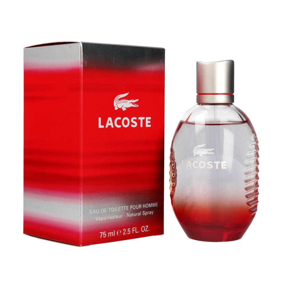 Roter Flakon mit silbernem Deckel und roter Verpackung. Lacoste-Logo und Schriftzug. 75 ml.