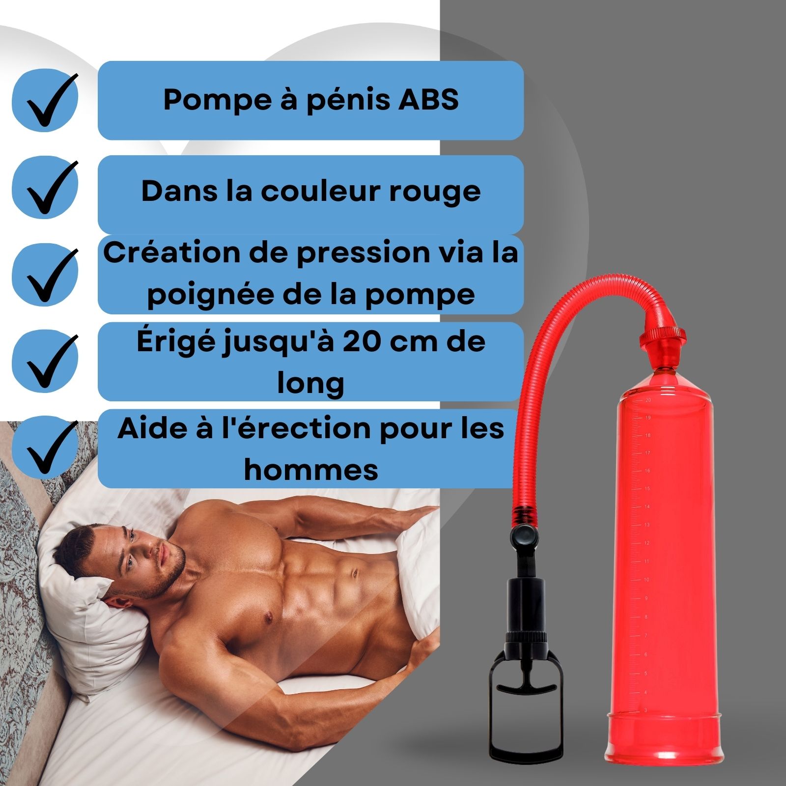 Pompe à pénis rouge avec pompe. Cylindre, tuyau, poire. Homme au lit.