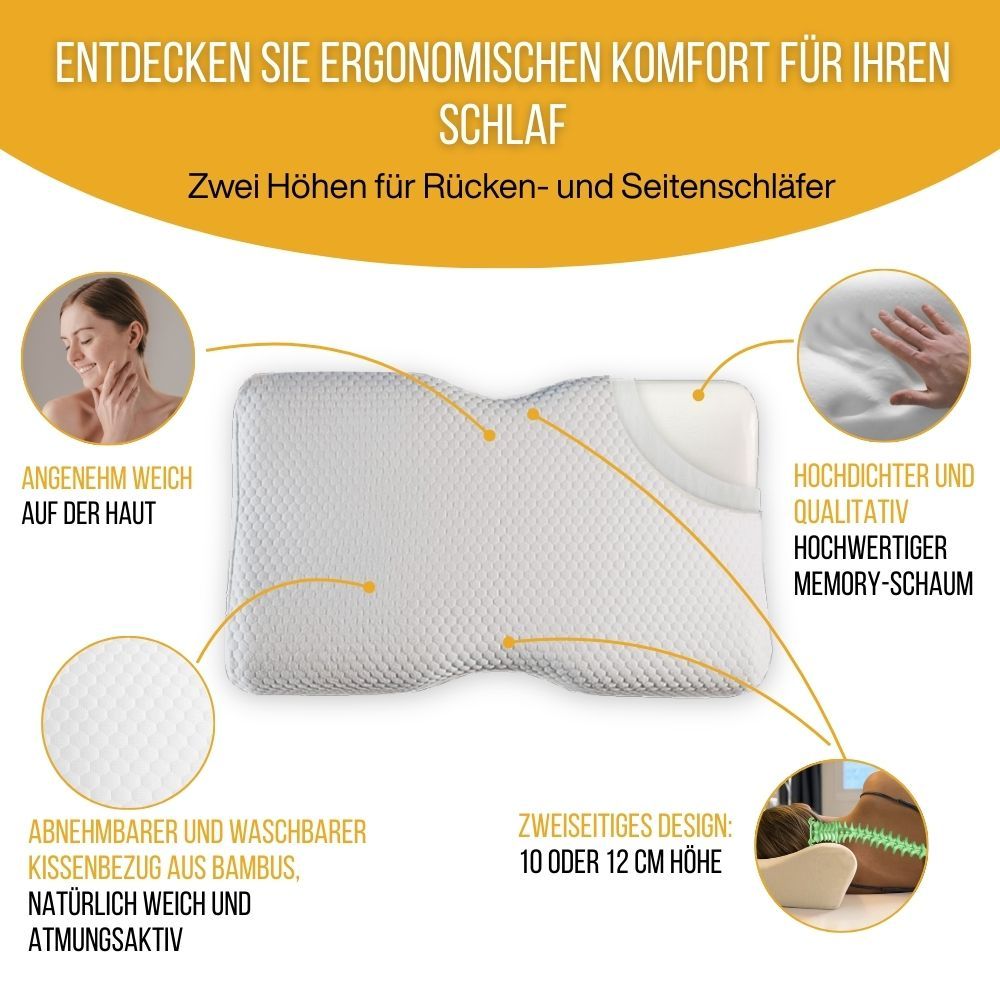 Ergonomisches Kissen. Memory-Schaum. Bambusbezug. Doppelseitiges Design. Weiß.