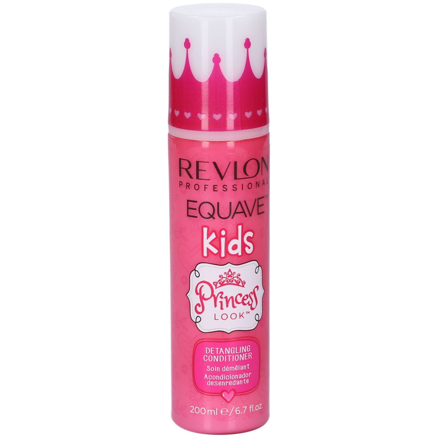 Rosa Flasche mit weißem Kronen-Deckel. Aufschrift: Revlon Equave Kids Princess Look. Spülung.