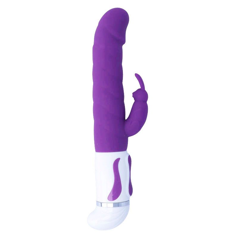 Lila Vibrator mit Hasenohren-Aufsatz. Weißer Sockel mit lila Akzenten. Glatte Oberfläche. Silikon.