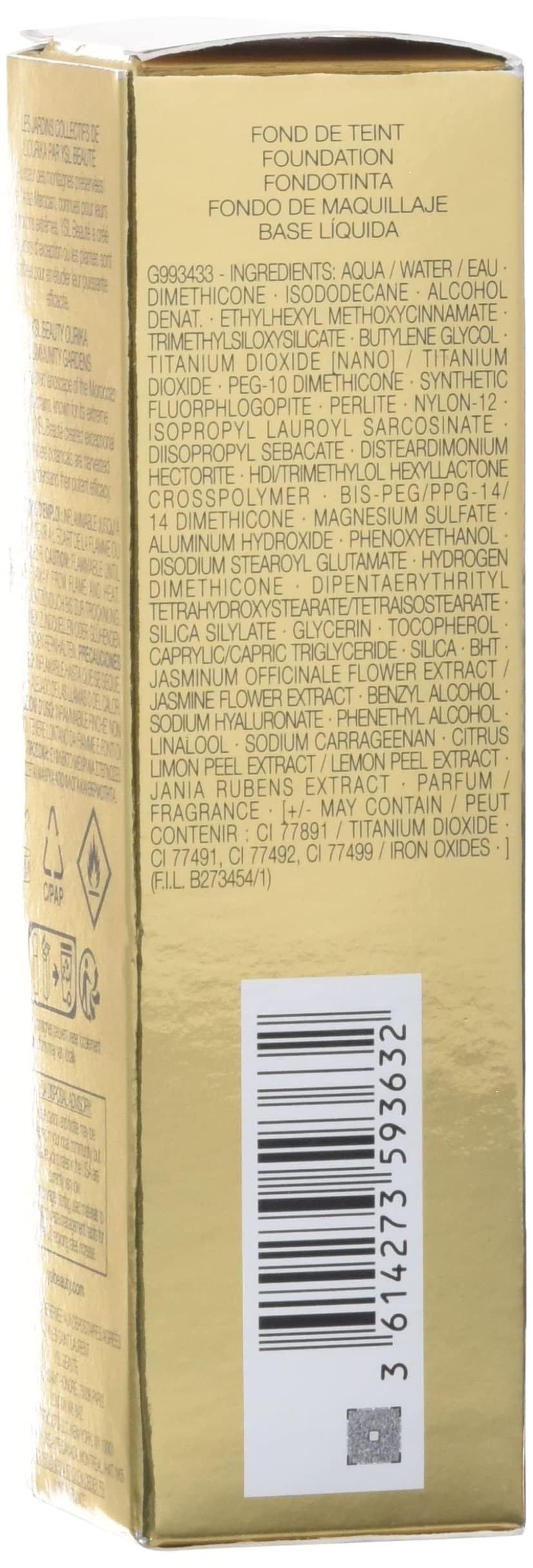 Yves Saint Laurent All Hours Foundation. Karton mit Text. Aufschrift: INGREDIENTS. Barcode.