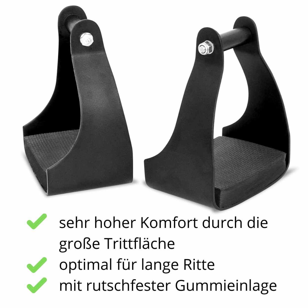 Zwei schwarze Steigbügel. Text: sehr hoher Komfort, optimal für lange Ritte, mit rutschfester Gummieinlage.