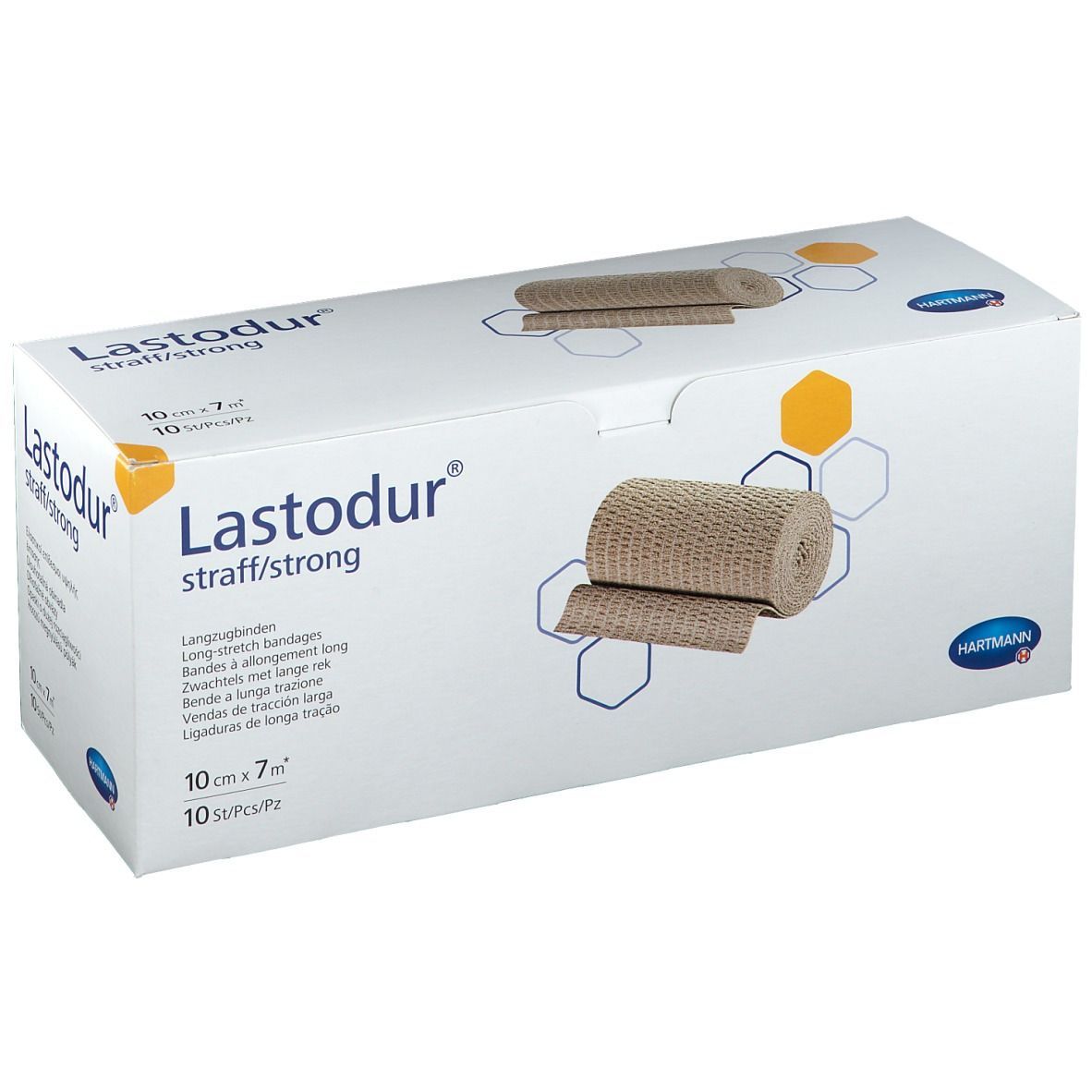 Verpackung mit Lastodur straff/strong. Beige Bandagenrolle und ausgebreitete Bandage. 10 cm x 7 m. Hartmann Logo.