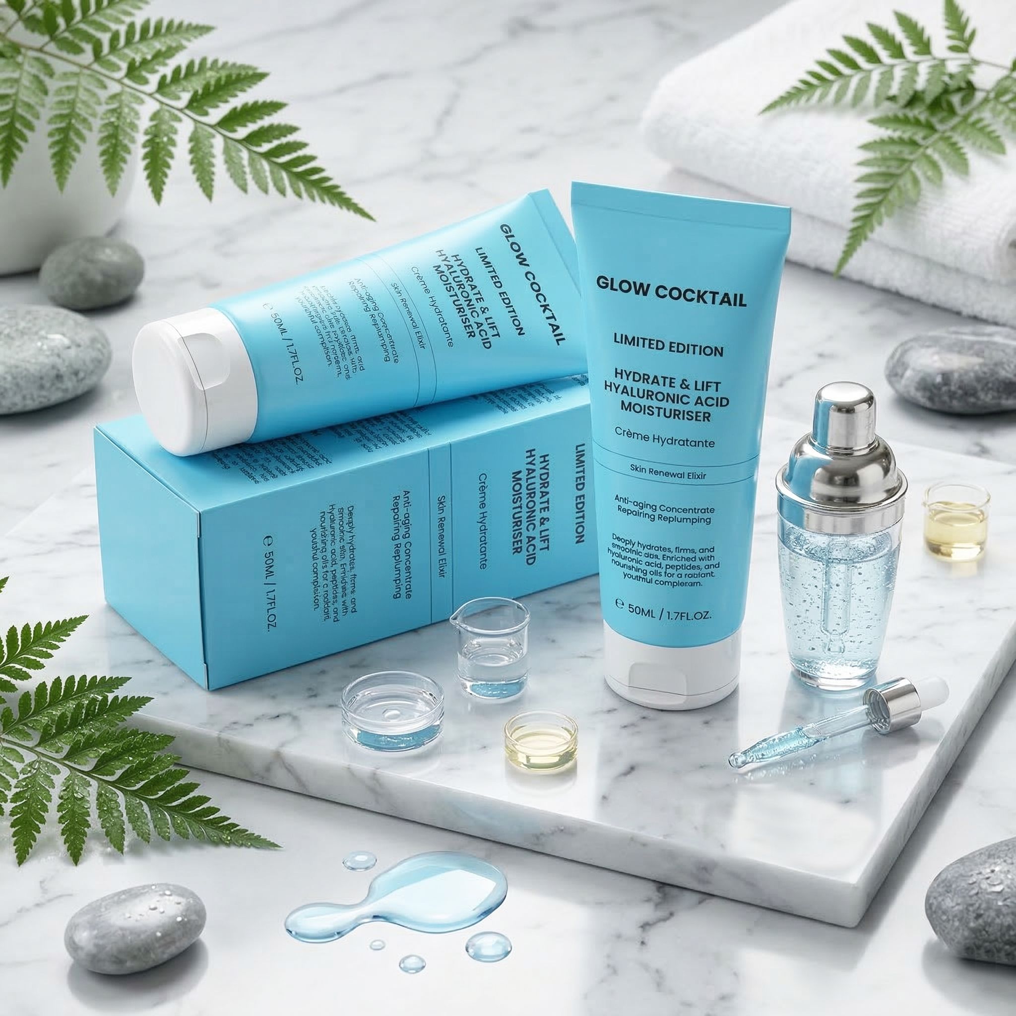 Zwei hellblaue Tuben und eine Box mit "Glow Cocktail Hydrate & Lift Hyaluronic Acid Moisturiser" Aufschrift, daneben ein Shaker und kleine Gläser.