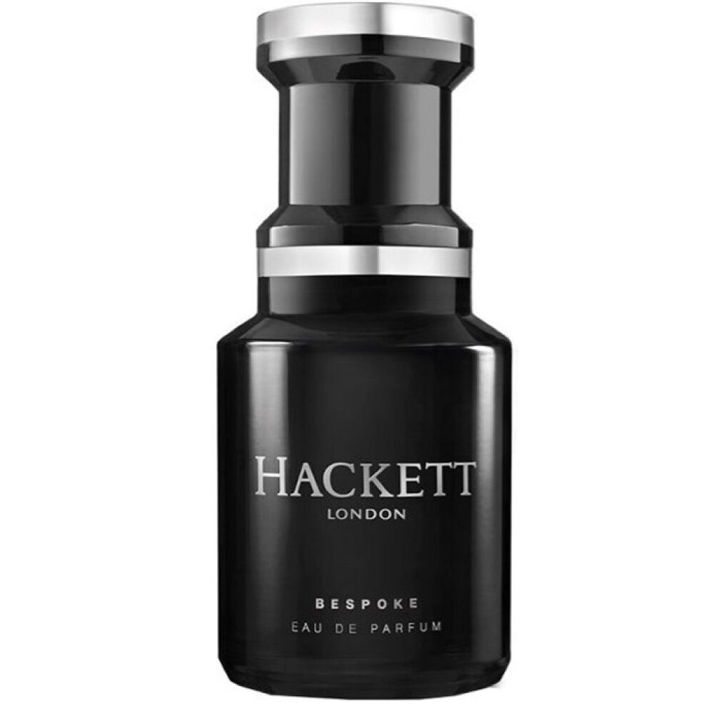 Schwarzer Flakon mit silbernem Deckel. Aufschrift: HACKETT LONDON, BESPOKE, EAU DE PARFUM.