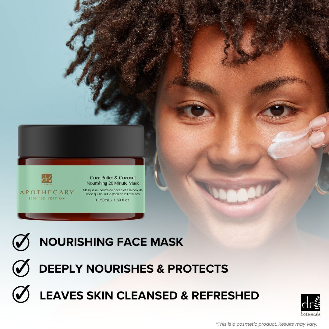 Frau trägt Gesichtsmaske auf. Dose mit grünem Etikett. Text: Cocoa Butter & Coconut Nourishing 20 Minute Mask.