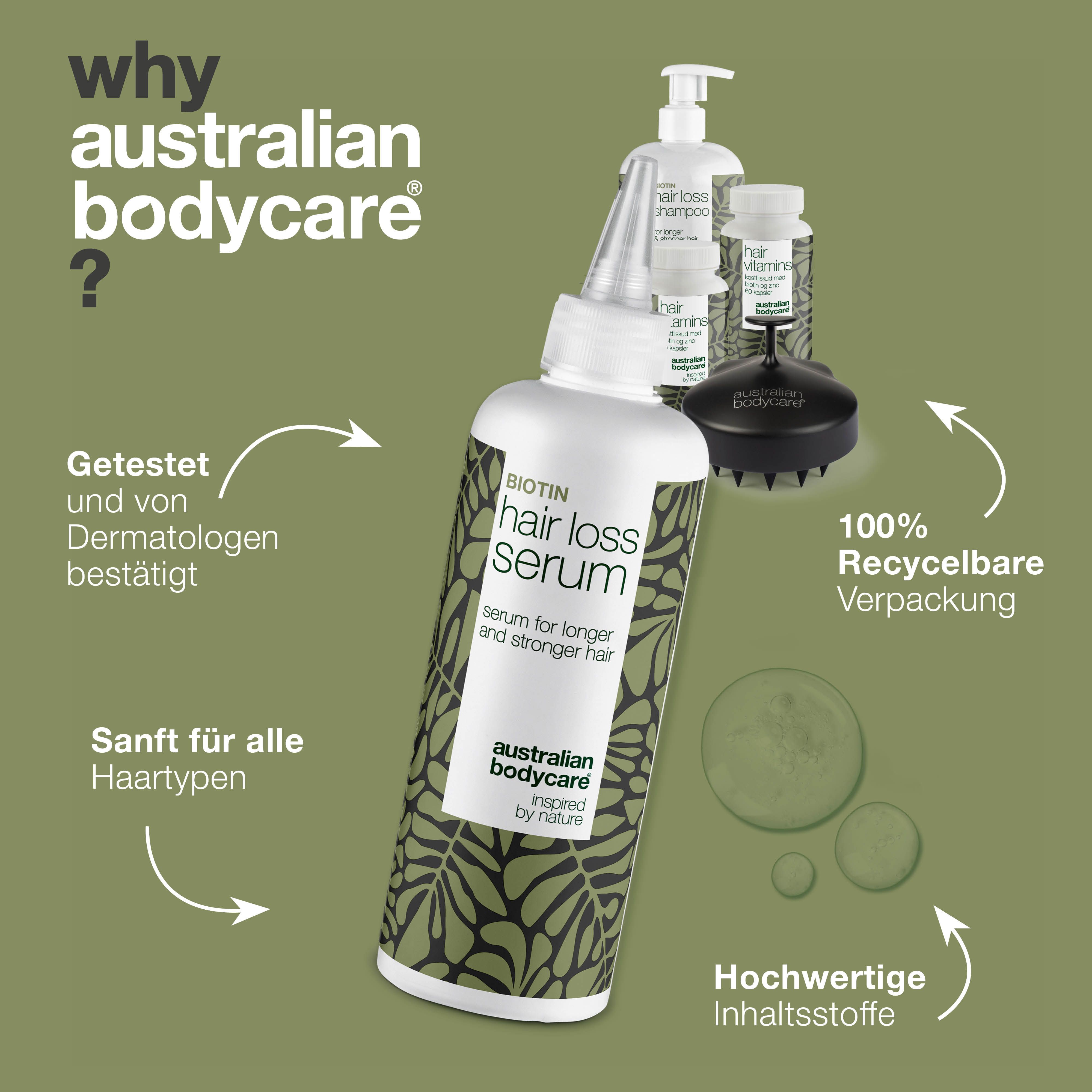 Produkte auf grünem Hintergrund. Serum, Shampoo, Kapseln, Bürste. Text: Warum Australian Bodycare?