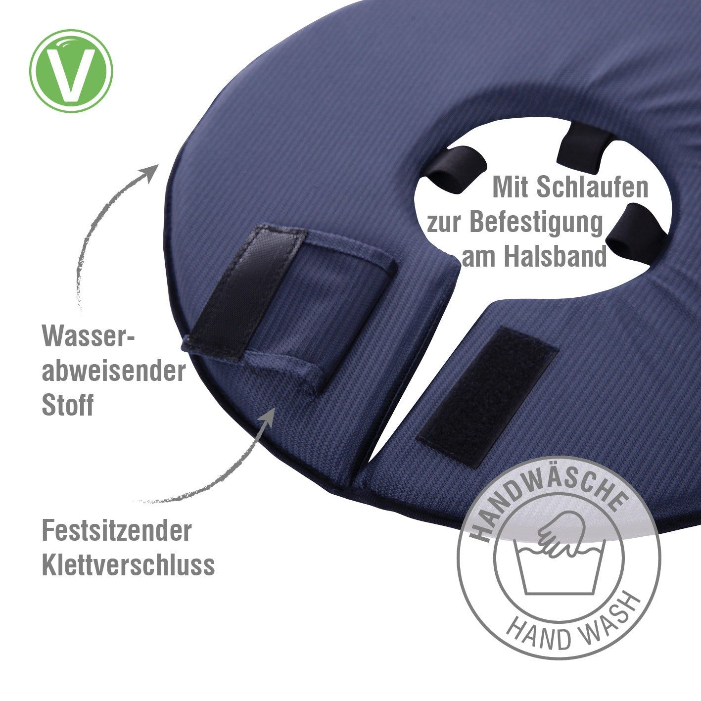 Nahaufnahme des blauen Leckschutzkragens. Klettverschluss, Befestigungsschlaufen, wasserabweisendes Material. Handwäsche-Symbol.