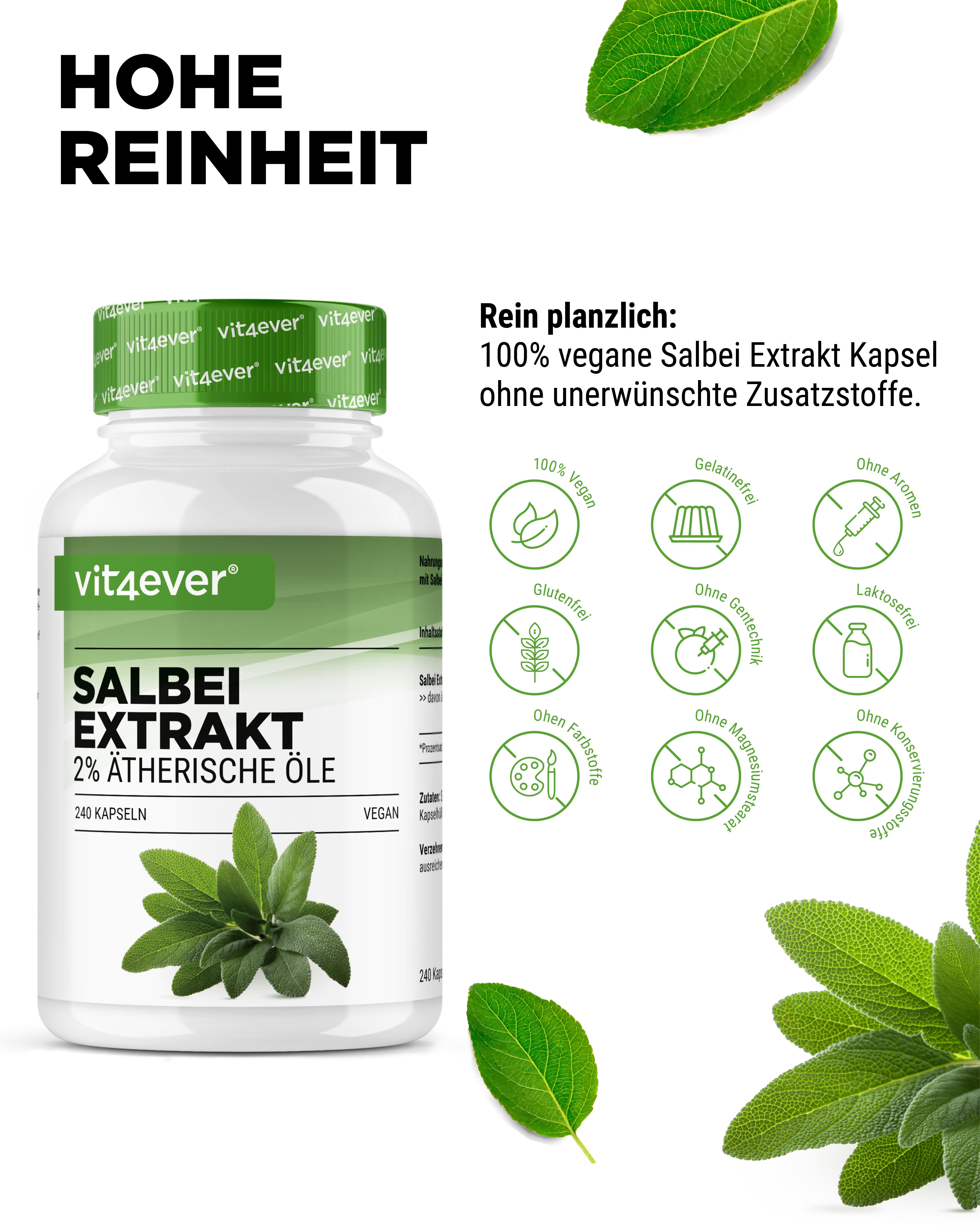 Weiße Flasche mit grünem Deckel. Aufschrift: Salbei Extrakt, 2% ätherische Öle, 240 Kapseln. Vegan. Icons: glutenfrei, ohne Aromen, etc.