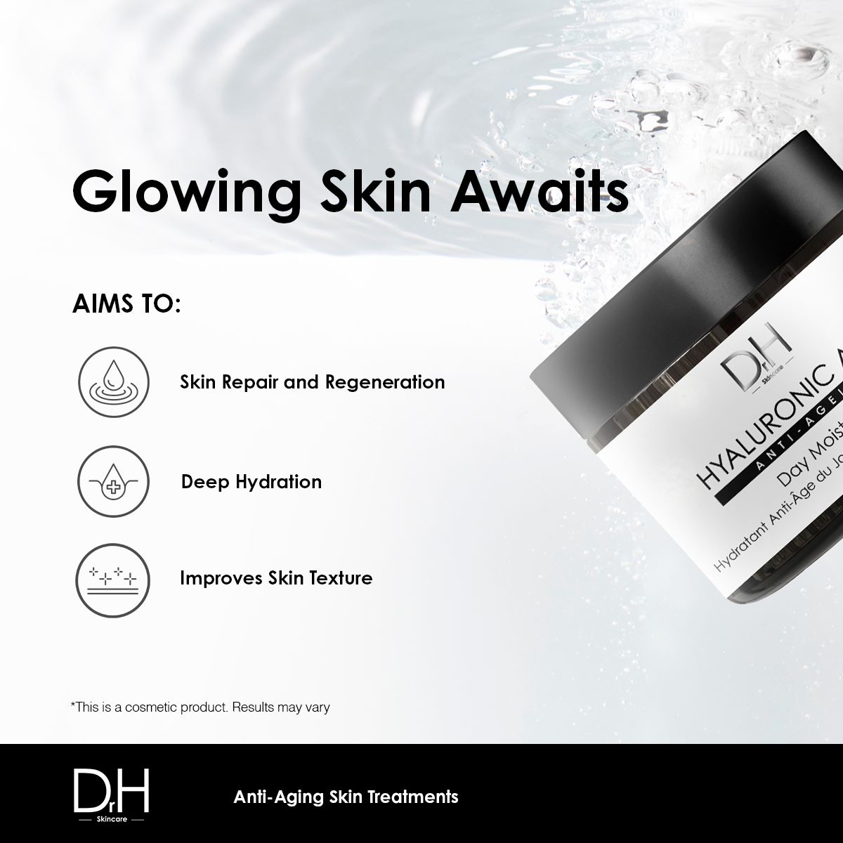 Dr H Hyaluronsäure Anti-Aging Tagescreme mit Vorteilen für strahlende Haut.
