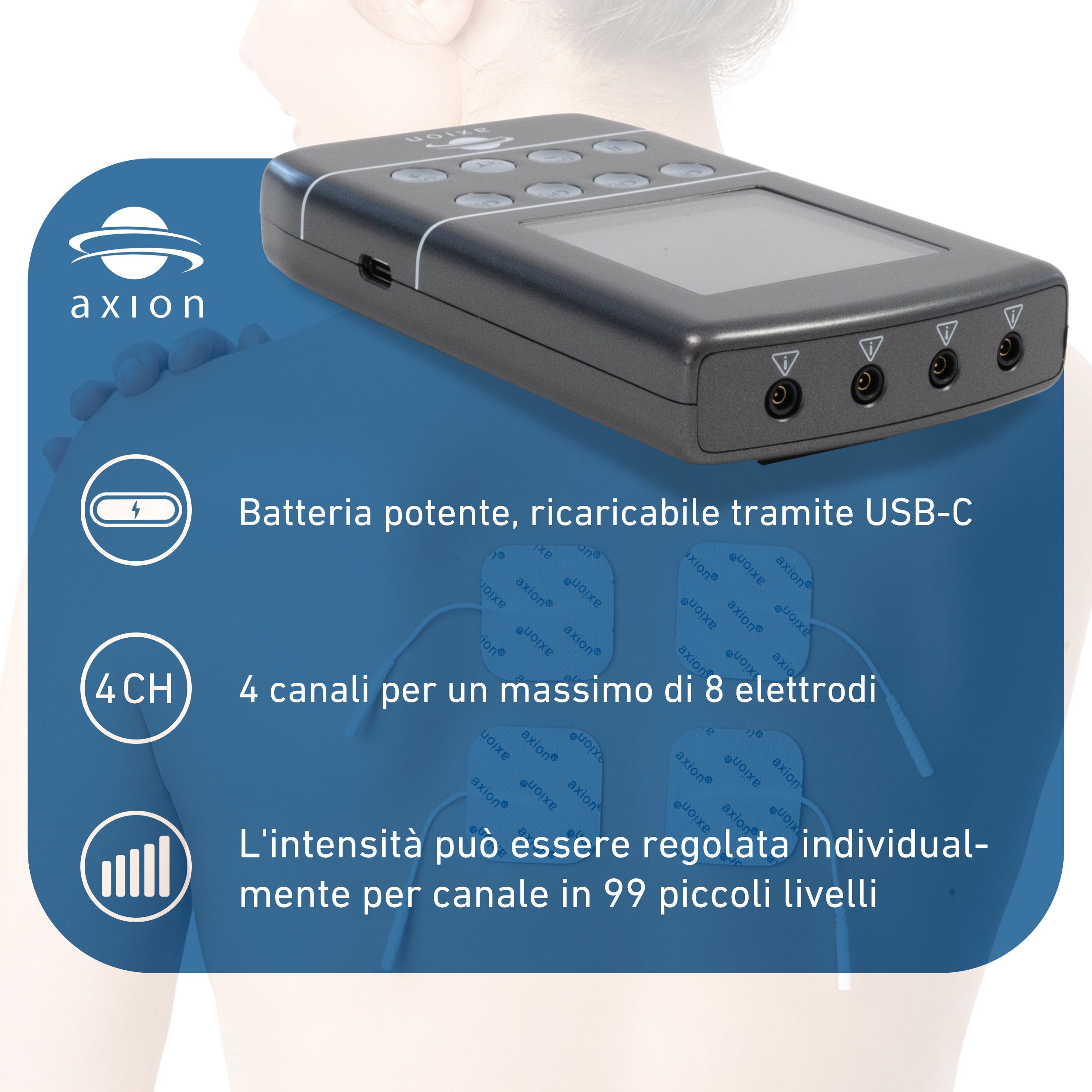Dispositivo con display ed elettrodi. Testo: Produttore tedesco. Logo axion. 4 canali, P60, 45.