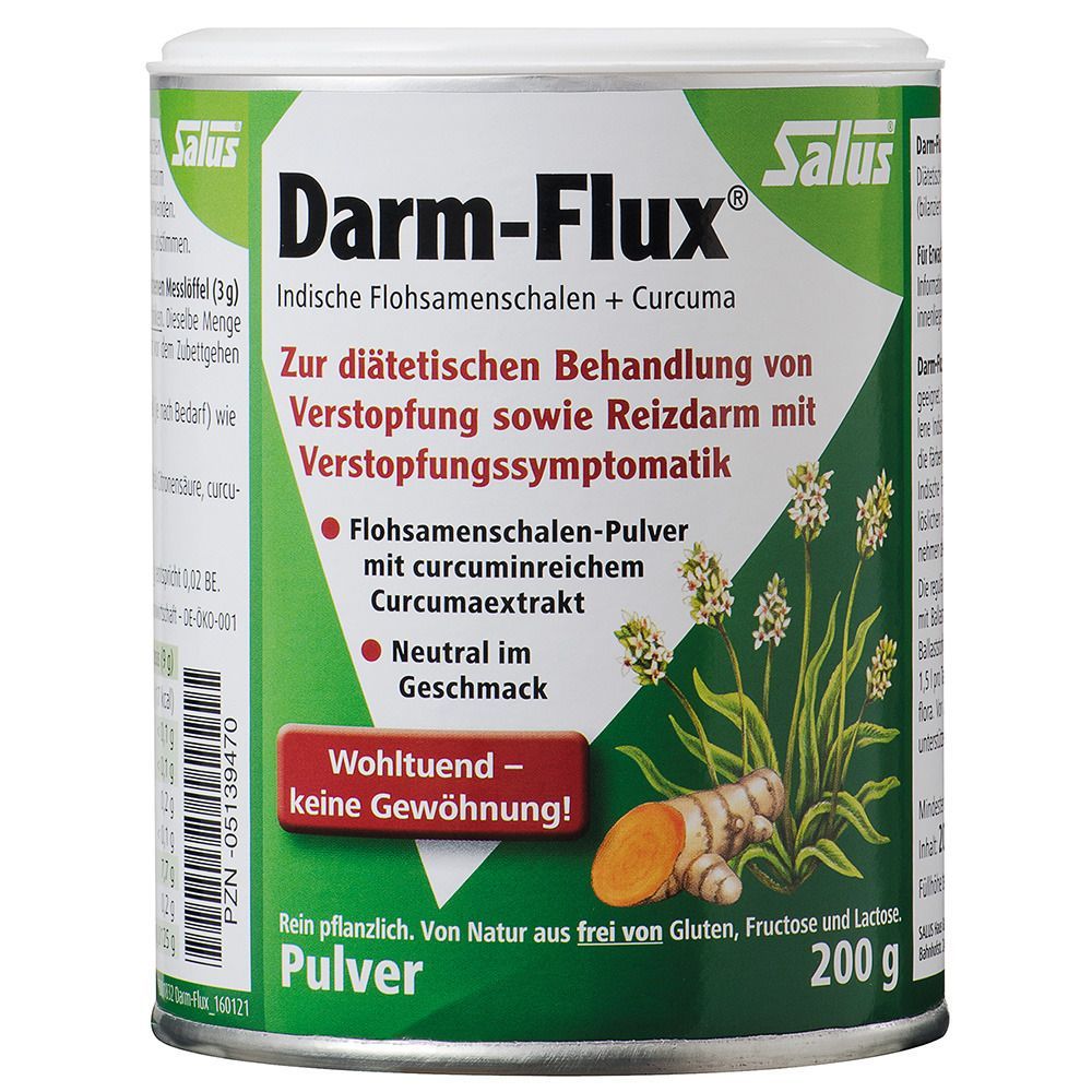 Dose Salus® Darm-Flux® Pulver. Grün-weißes Etikett mit Produktnamen, Inhaltsstoffen und Logo. 200g.