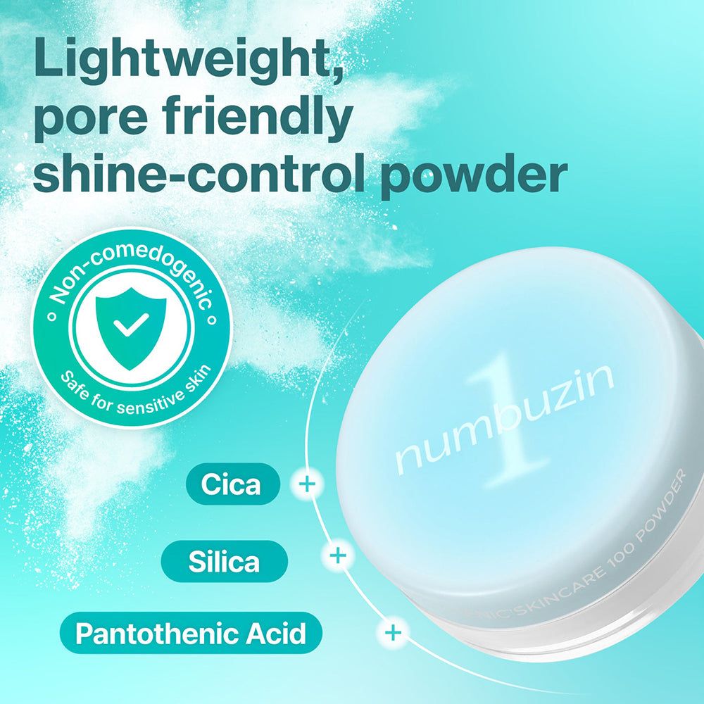 Puderbehälter mit Aufschrift 'numbuzin 1'. Daneben Siegel 'Non-comedogenic' und 'Safe for sensitive skin'.