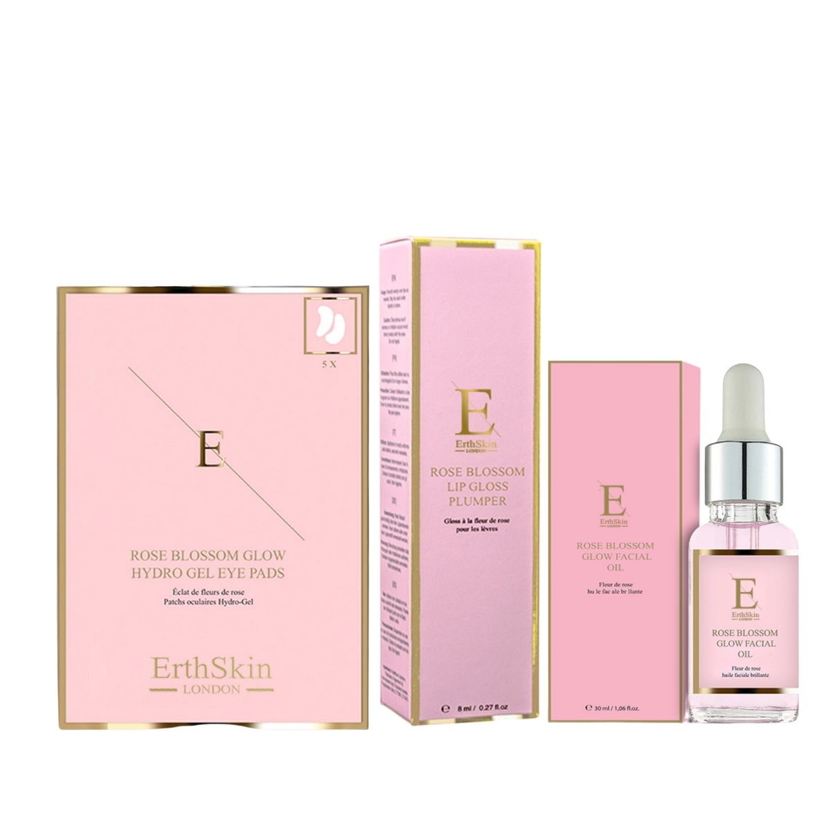 ErthSkin London Rose blossom glow GESICHTSÖL  + Hydro gel augepads + Lip Gloss Plumper set
