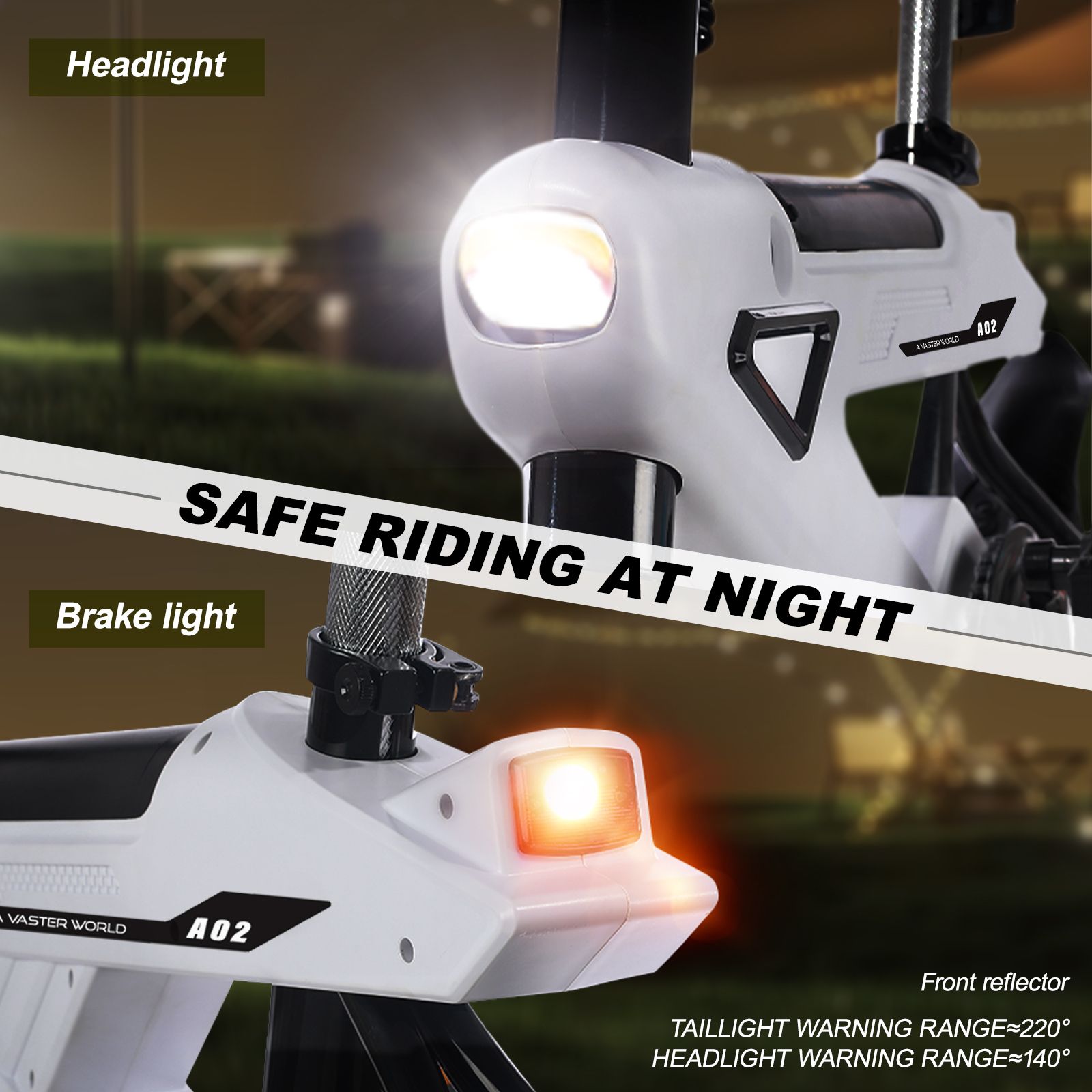 Nahaufnahme des E-Bike A02. Scheinwerfer und Rücklicht. Text: SAFE RIDING AT NIGHT. Front- und Heckreflektor.